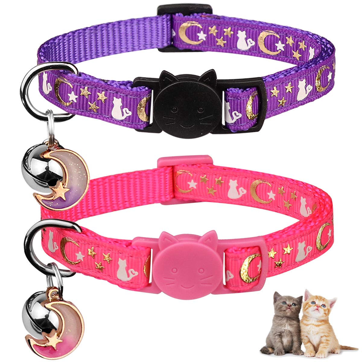 2Pcs Breakaway Cat Collars With Bell Cute Kitty Glow In The Dark Adjustable Kitten Collars 7.9-13.0 Inch(Purple&Pink)