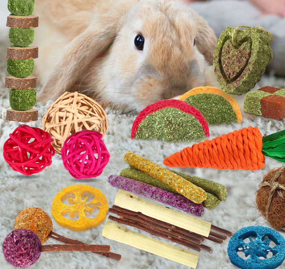 YIXUND Rabbit & Guinea Pig Toys - 27 Pcs Natural Timothy Hay & Apple Wood Sticks for Teeth Care - Handmade for Hamsters, Bunnies, Chinchillas