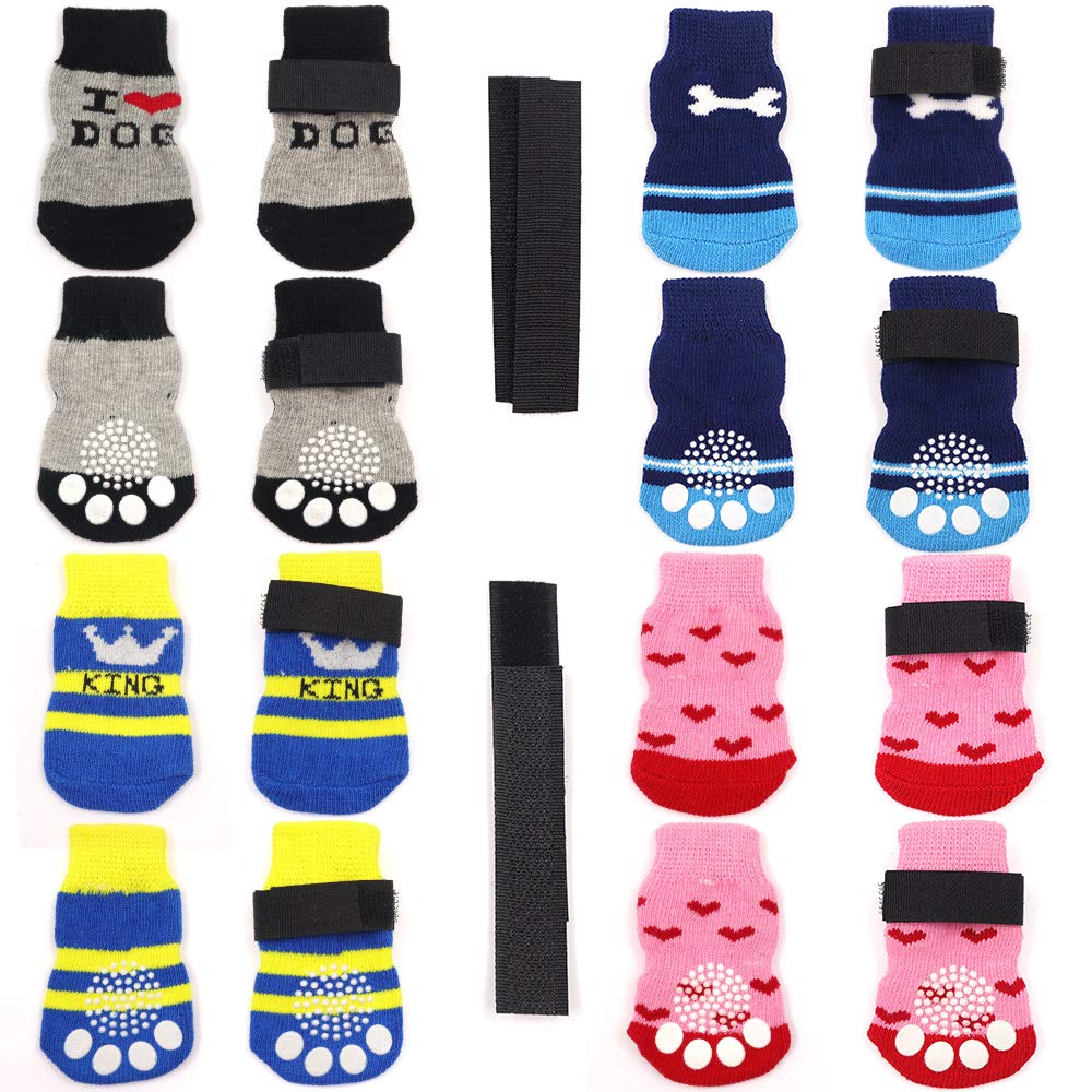4 Pairs Anti-Slip Dog Socks And Cat Socks With Rubber Reinforcement And 8 Small Straps, Indoor Wear Pet Paw Protector For Hardwood Floors Cat Dogs Style 3 (M)