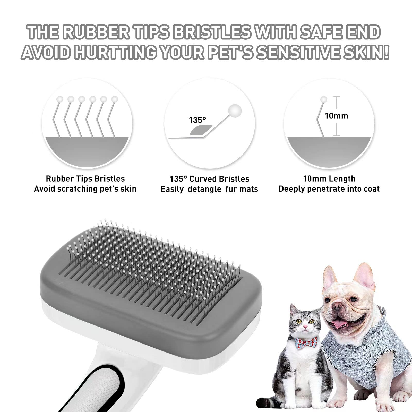 Dogs Cats Self Cleaning Slicker Brush For Shedding & Grooming Any Breed Of Pets, Pain Free Remove Loose Undercoat Knots Mats Tangled Hair For Small Medium Large Animal With Long Short Fur Length-Gray