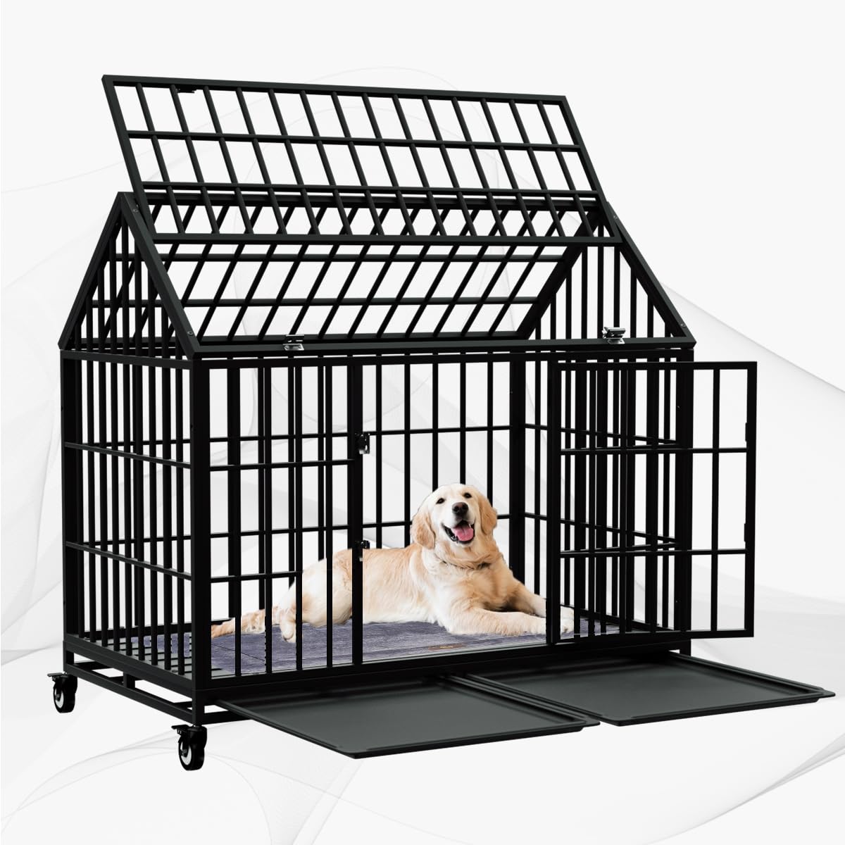 Snuowu 54/48 Inch Heavy Duty Dog Crate Large Dog Cage Strong Metal Dog Kennels And Crates For Large Dogs Top Open With Wheels 2 