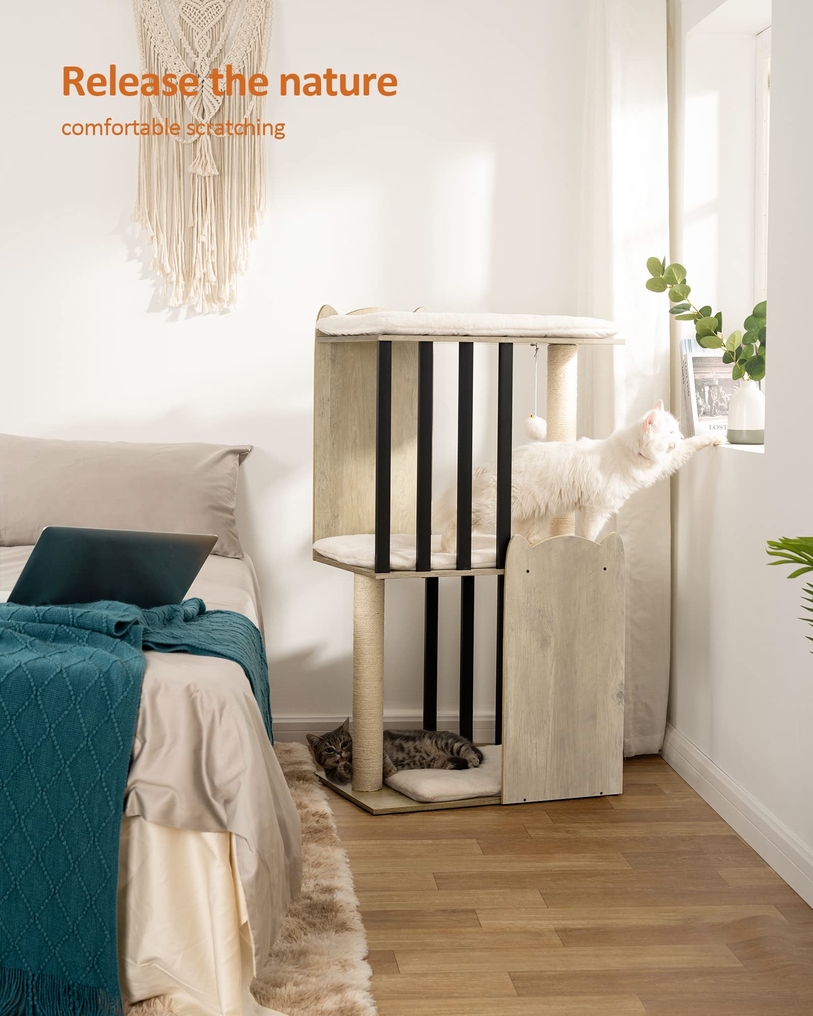 FourFurPets Cat Tree Condo, 43.8in Modern 3-Tier Scratching Tower, Engineered Wood, Greige, Model 111PMJA02G1