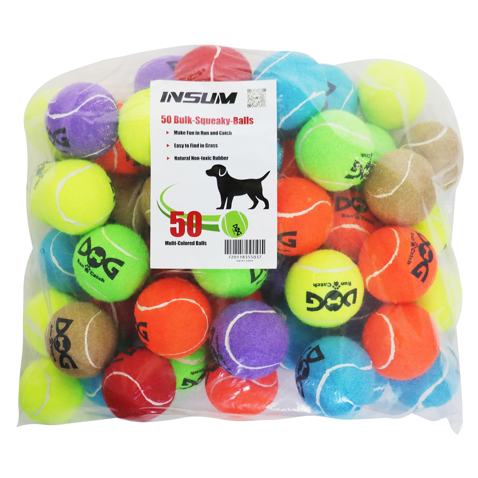 Insum Squeaky Tennis Balls For Dogs - Bulk 50 Pack 2.5'' Durable Non-Toxic Outdoor Dog Toys Balls With Mesh Bag, Sgs Certified, 