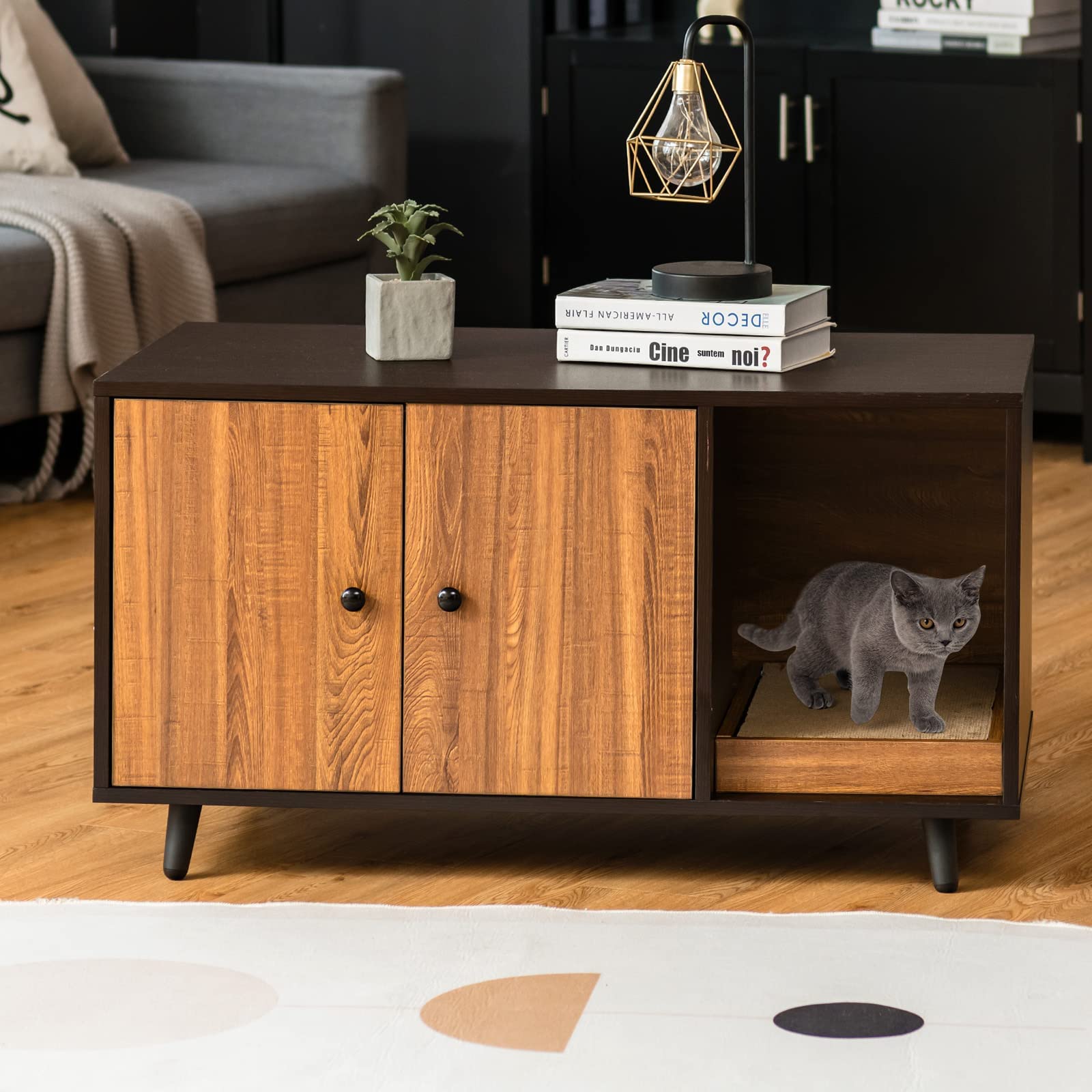 Petsite Cat Litter Box Enclosure, Wooden Hidden Cat Washroom Furniture With Divider & Cat Scratcher, Stackable Pet House End Table