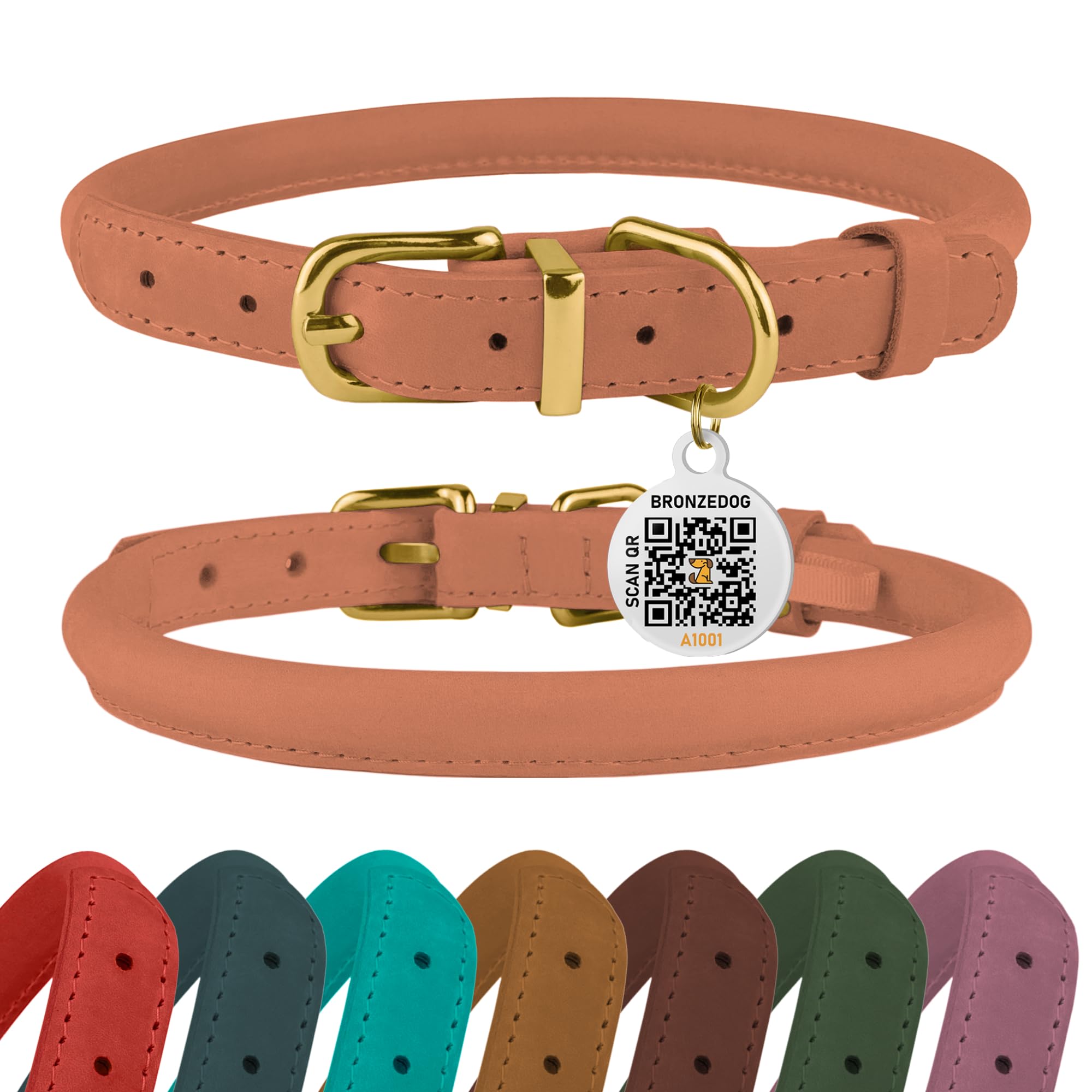 Bronzedog Rolled Leather Dog Collar With Qr Id Tag, Adjustable Soft Round Collars For Small Medium Large Dogs Puppy (11'' - 14 1