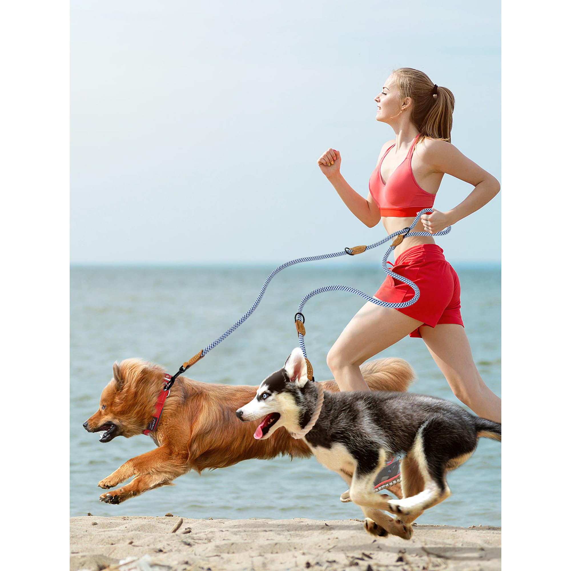 Mile High Life Dual Dog Leash - Double, Hands Free With Leather Connection - 360 Swivel, No Tangle - Blue Gray, 8Ft