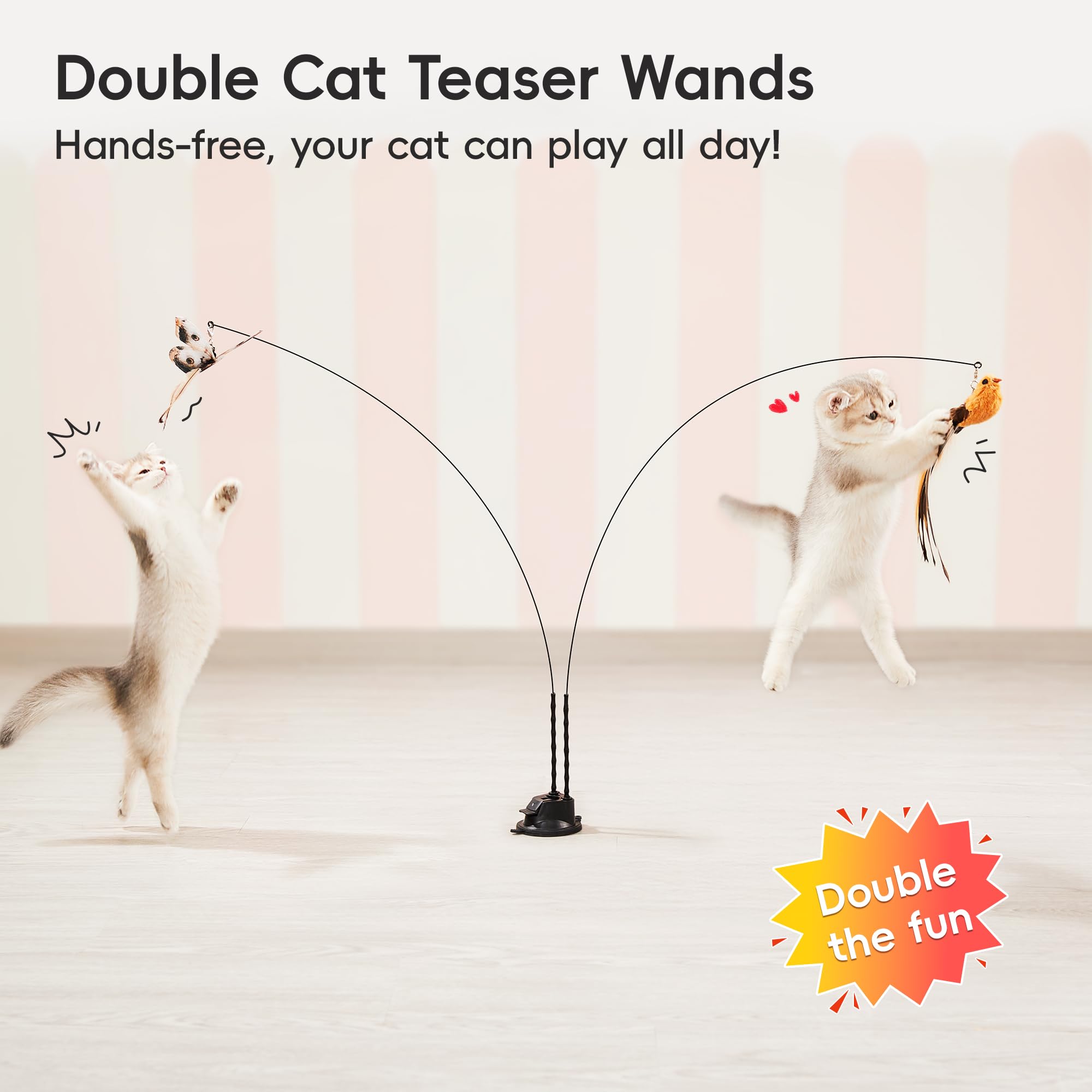 Potaroma Suction Cup Cat Wand Toys, Dual-Wand Interactive Kitten Toy For Indoor Cats With 5 Pcs Feathers Balls Attachments, Char