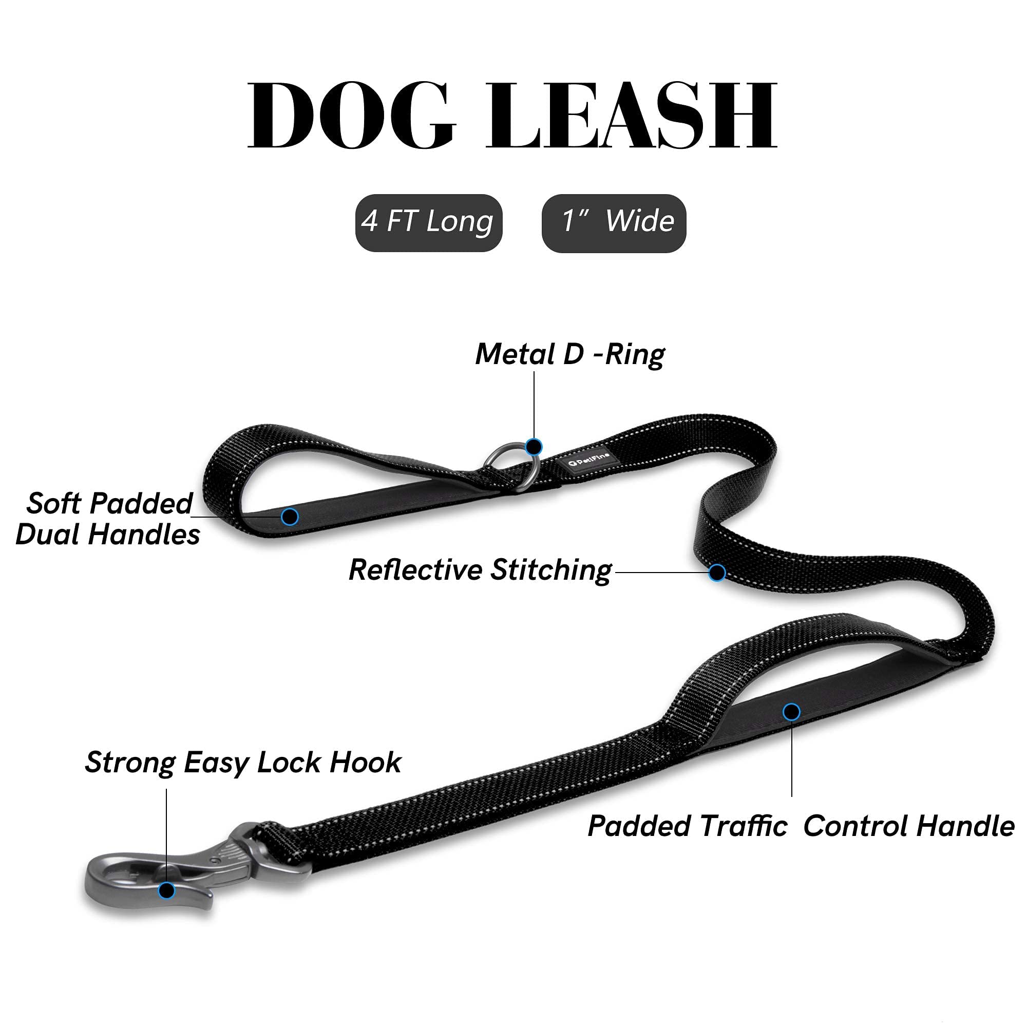 PetiFine Heavy Duty Dog Leash, 4FT Reflective Nylon, Soft Padded Handles, Black