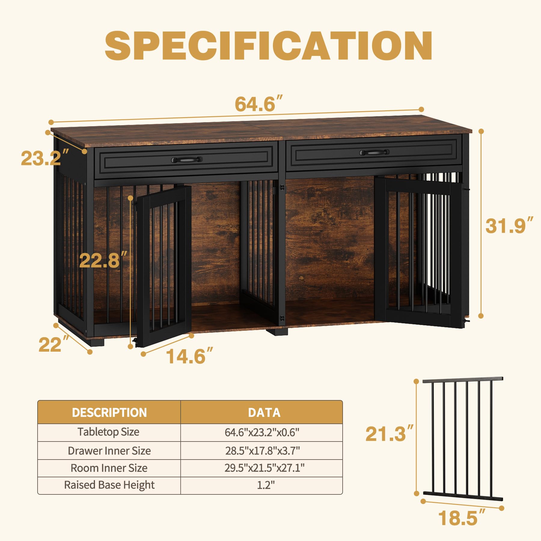 DAWNSPACES Extra Large Dog Crate Furniture, 93 Inch Heavy Duty Wooden Dog Kennel with Drawers & Removable Divider, Indoor Furnit
