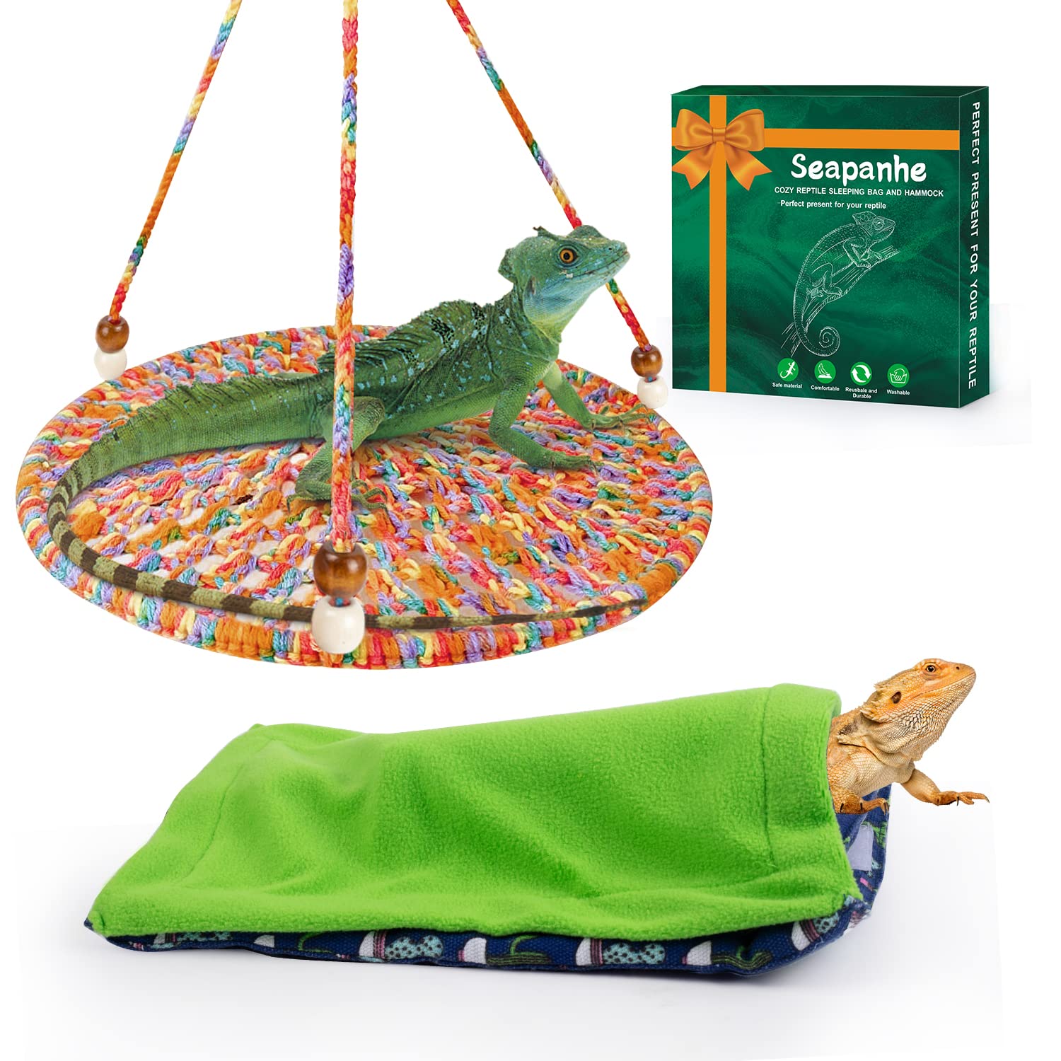 Seapanhe Bearded Dragon Bed And Reptile Hammock Swing Hanging Bed, Reptile Accessories, Small Pet Animal Hide Habitat Shelter, Cage Accessories For Bearded Dragon Leopard Gecko (Colorful)