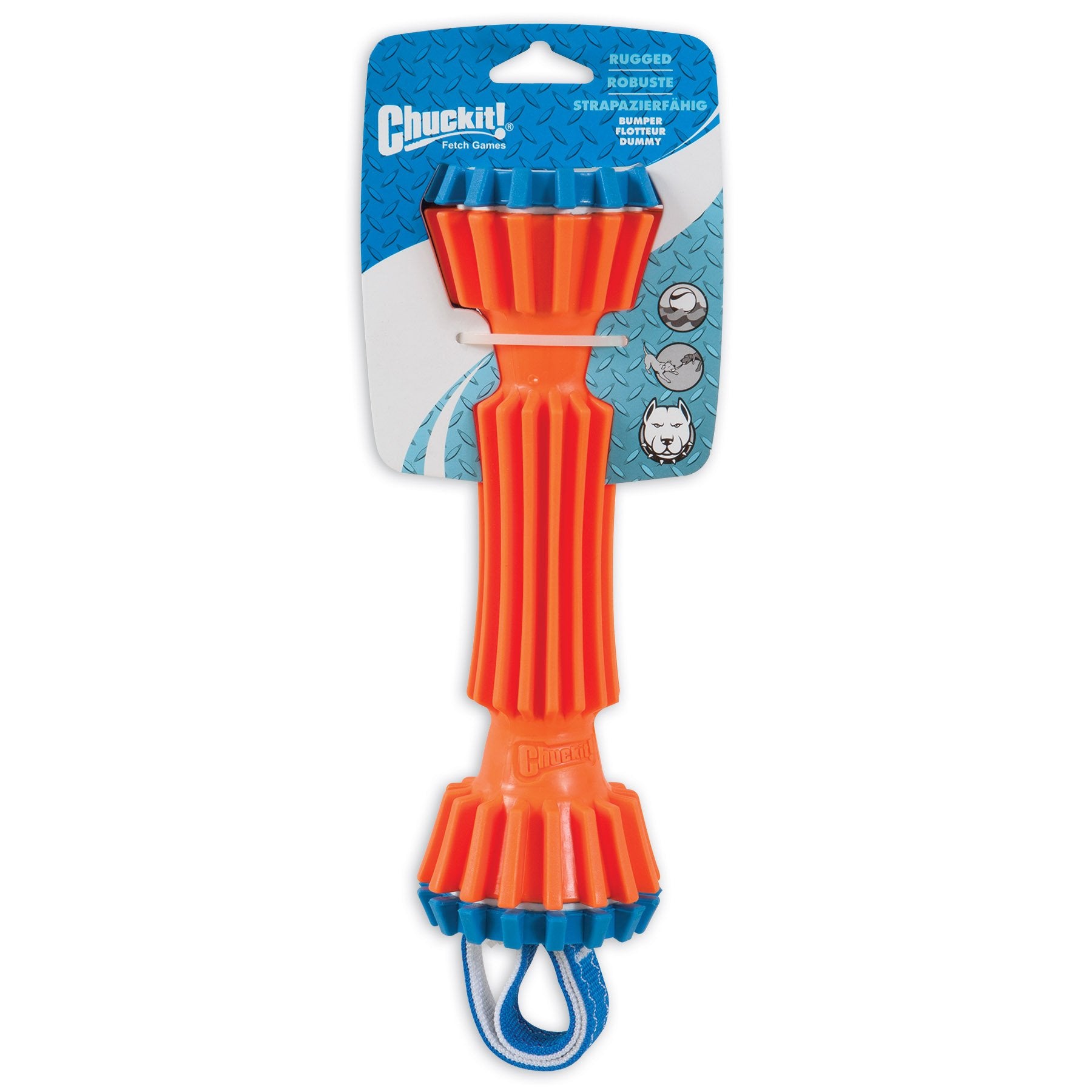 Chuckit! Rugged Bumper Dog Toy - Durable Fetch Stick With Tpr Ridges For Easy Grip - Tug-Of-War Toy For Medium And Large Dogs - Floats In Water - Size Medium - 13.5-Inch Length - Orange And Blue