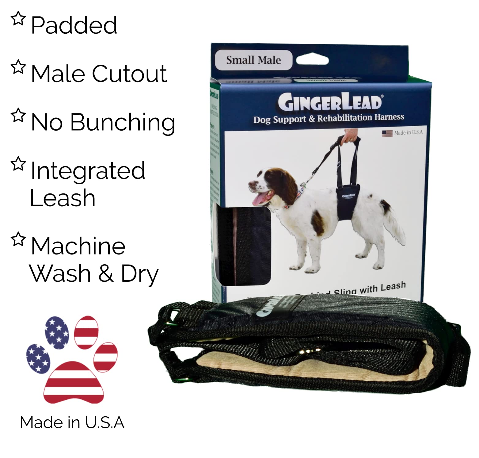 GINGERLEAD Dog Sling Hip Support Harness, SM Male fits Small to Medium Size Pets 20-65 lbs. (Male Dachshunds use X-Small Size) o