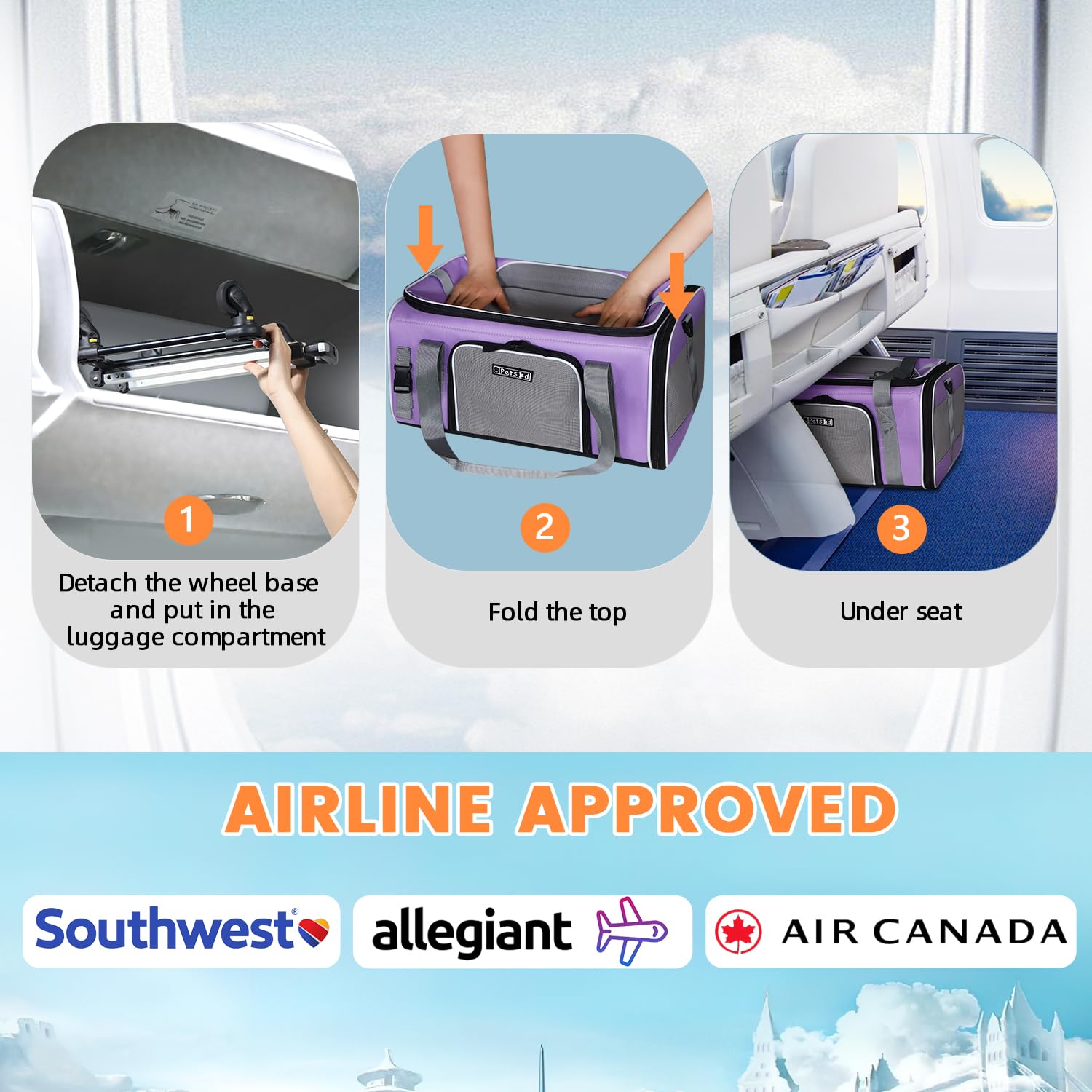 Petskd Top-Expandable Pet Carrier With Wheels 19X13X9 Inches Southwest Allegiant Airlines Approved, Soft-Sided Carrier For Small