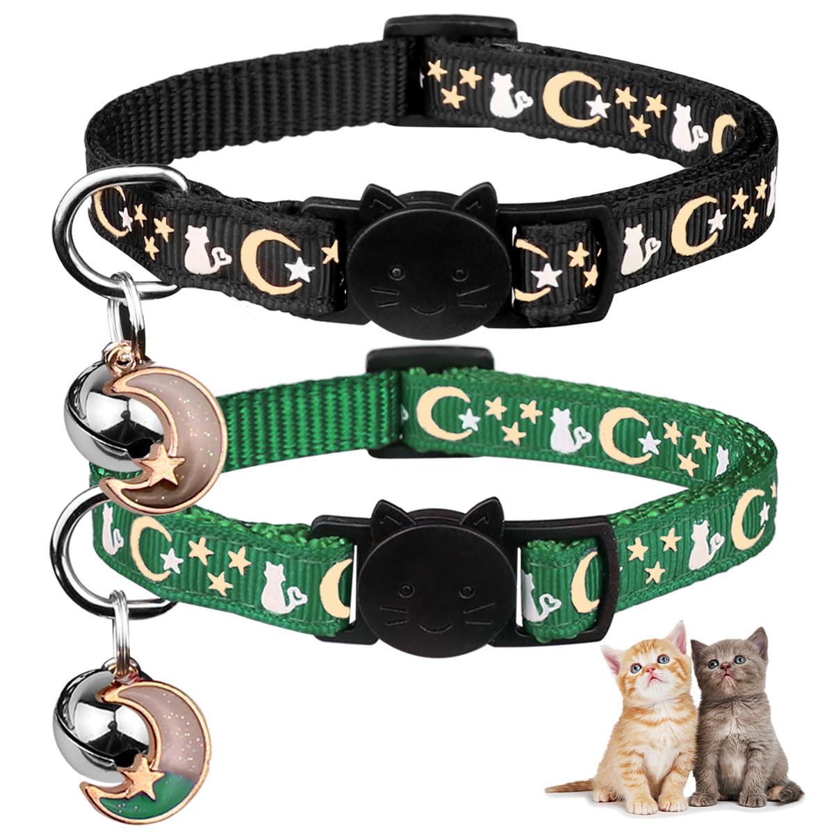2Pcs Breakaway Cat Collars With Bell Cute Kitty Glow In The Dark Adjustable Kitten Collars 7.9-13.0 Inch(Deep Green&Black)
