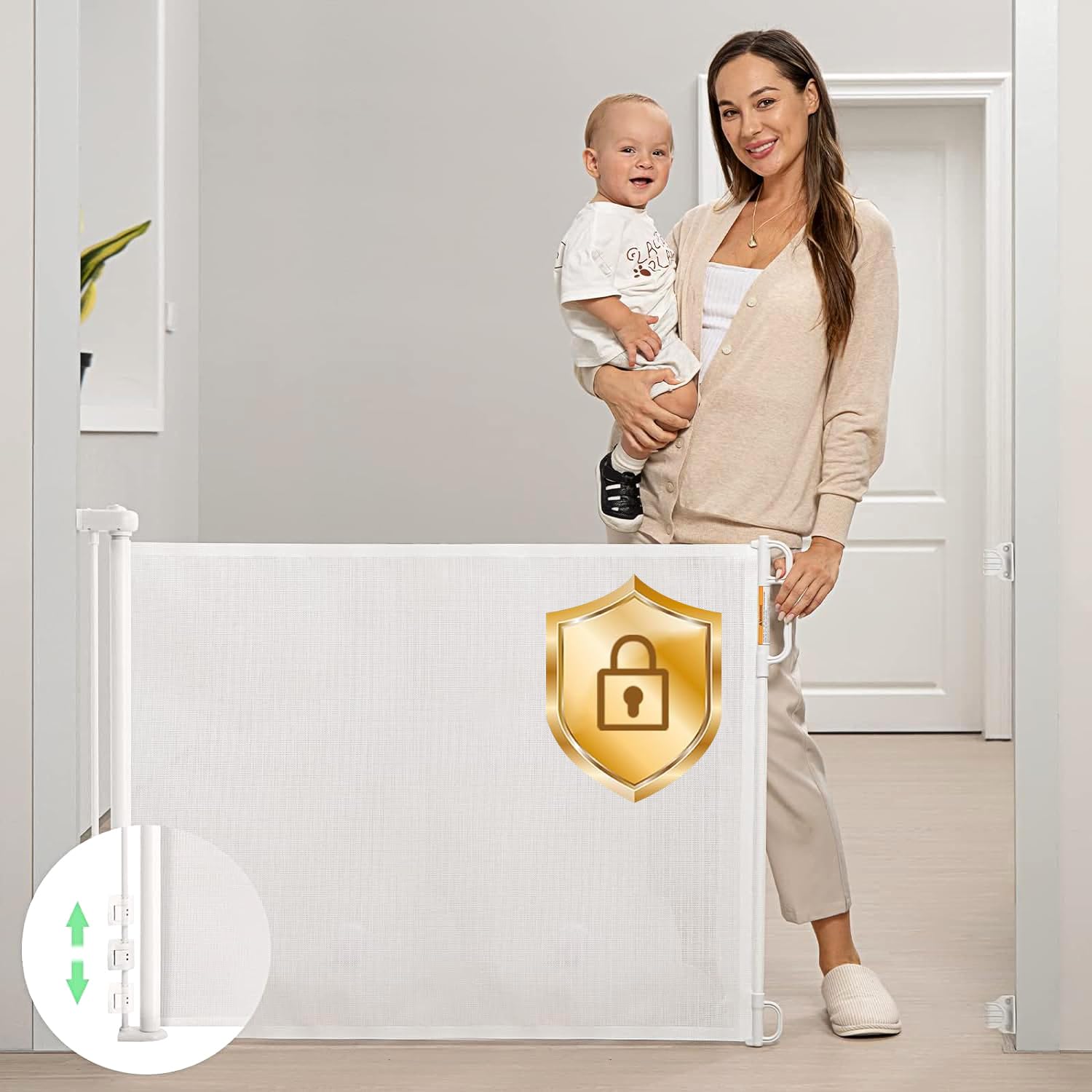 Momcozy Retractable Baby Gate - 33" Tall, 55" Wide Mesh Safety Gate for Indoor/Outdoor Use, White, Model USVC-AM07-W