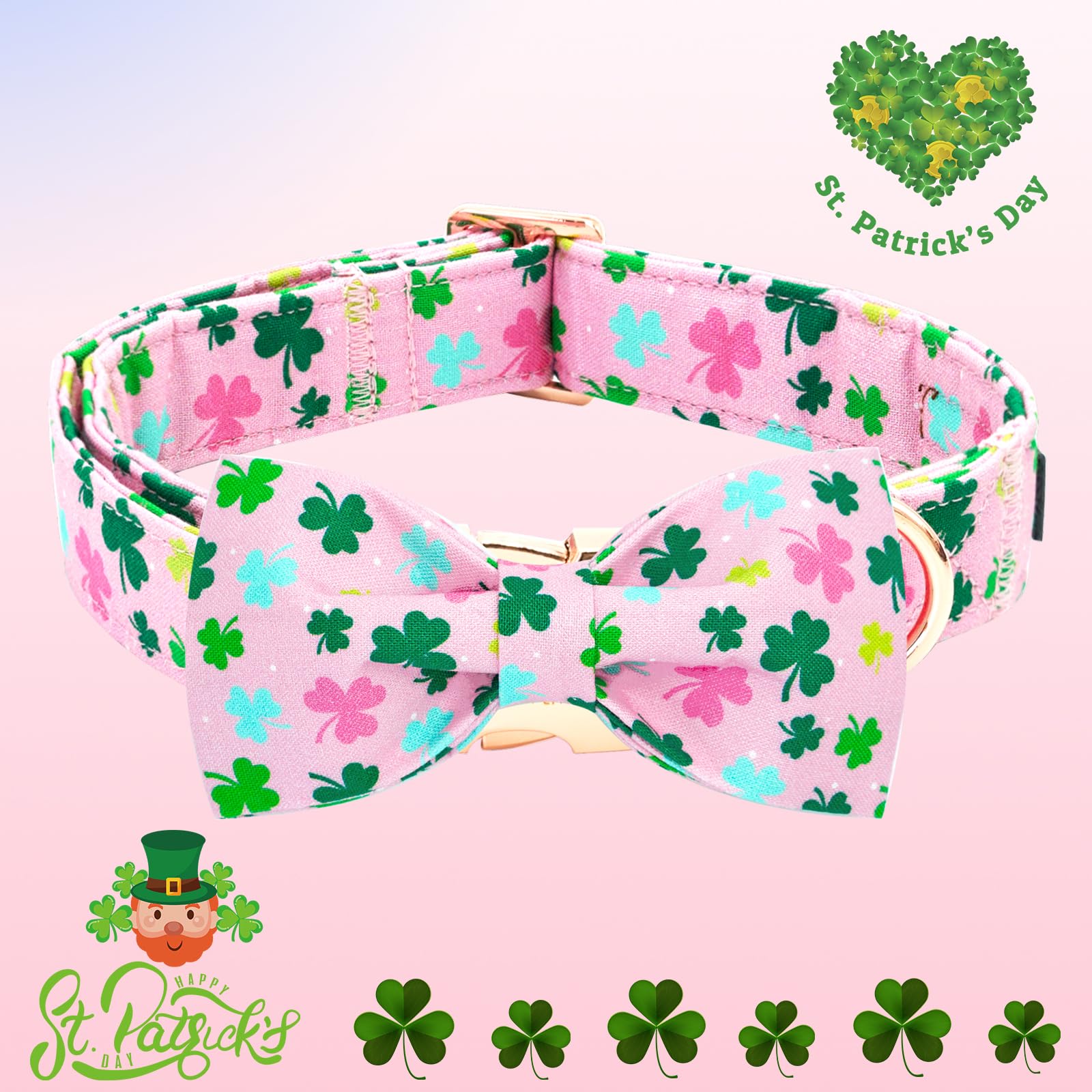 Elegant little tail St Patrick's Dog Collar, Lucky Colver Cotton Shamrock Pet Collar Trefoil Puppy Collar Bow Holiday Adjustable