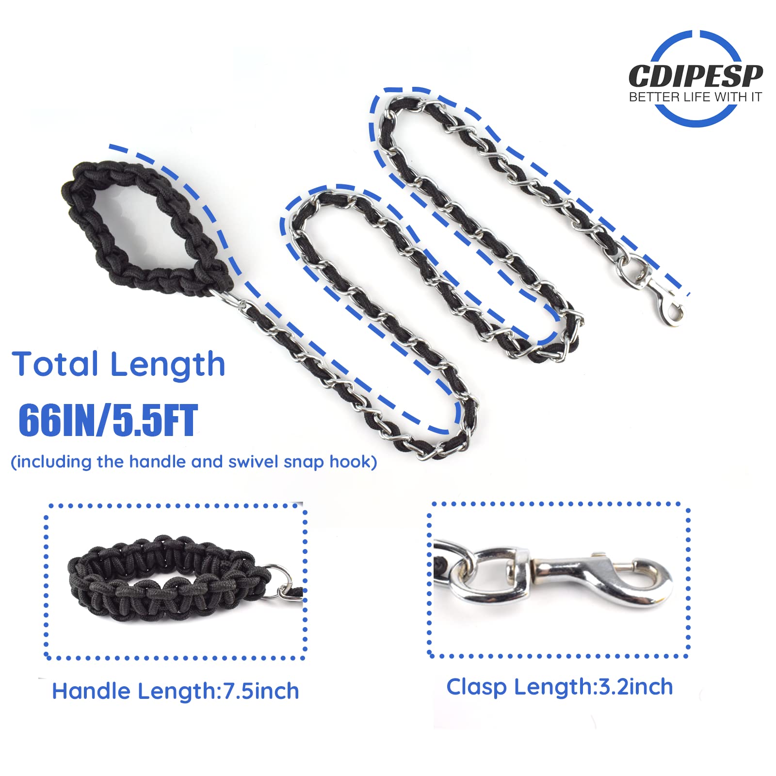 Chew Proof Dog Leash 5.5Ft Heavy Duty Dog Leashes Metal Pet Chain Lead With Soft Rope Handle For Medium Large Dogs Black