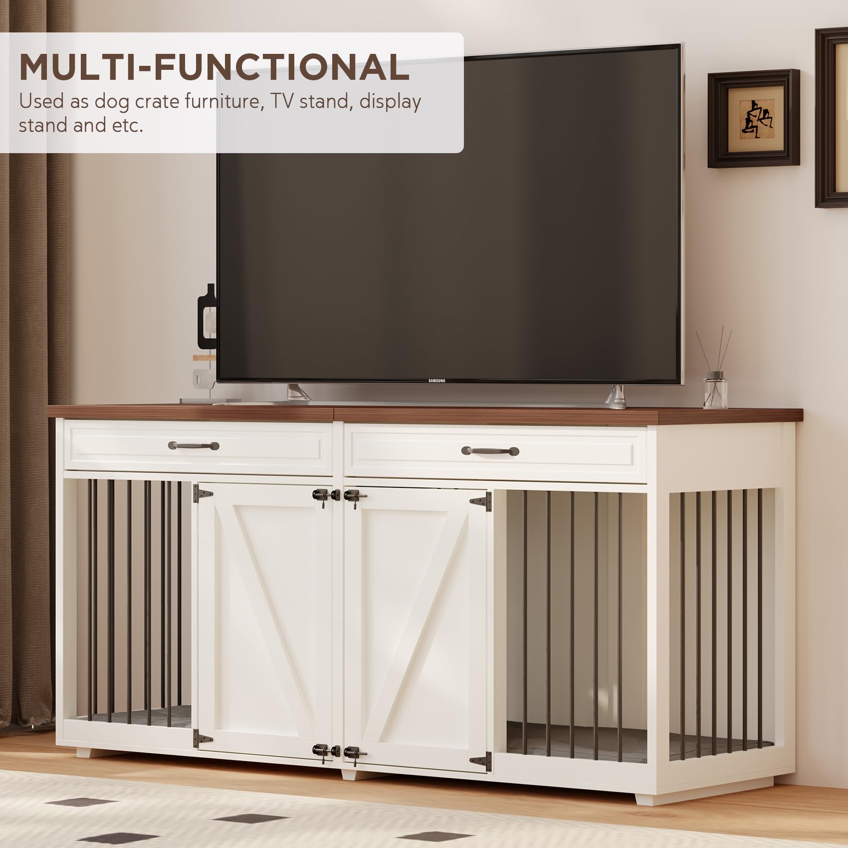 Furniture Style Dog Crate - Indoor Wooden Dog Kennel Furniture with 2 Drawers & Room Divider - 72 L x 23.6 W x 34 H - White