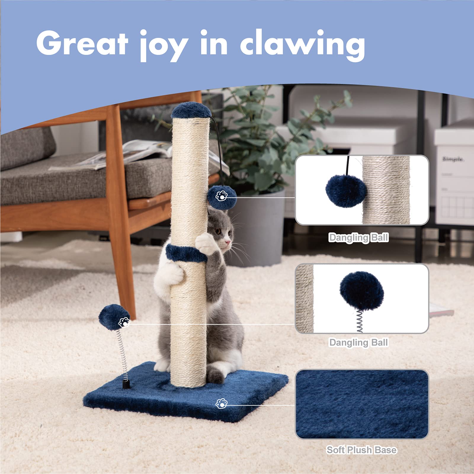 Mecool Cat Scratching Post Premium Basics Kitten Scratcher Sisal Scratch Posts With Hanging Ball 22 In For Kittens Or Smaller Cats (22 Inches For Kitten, Navy)