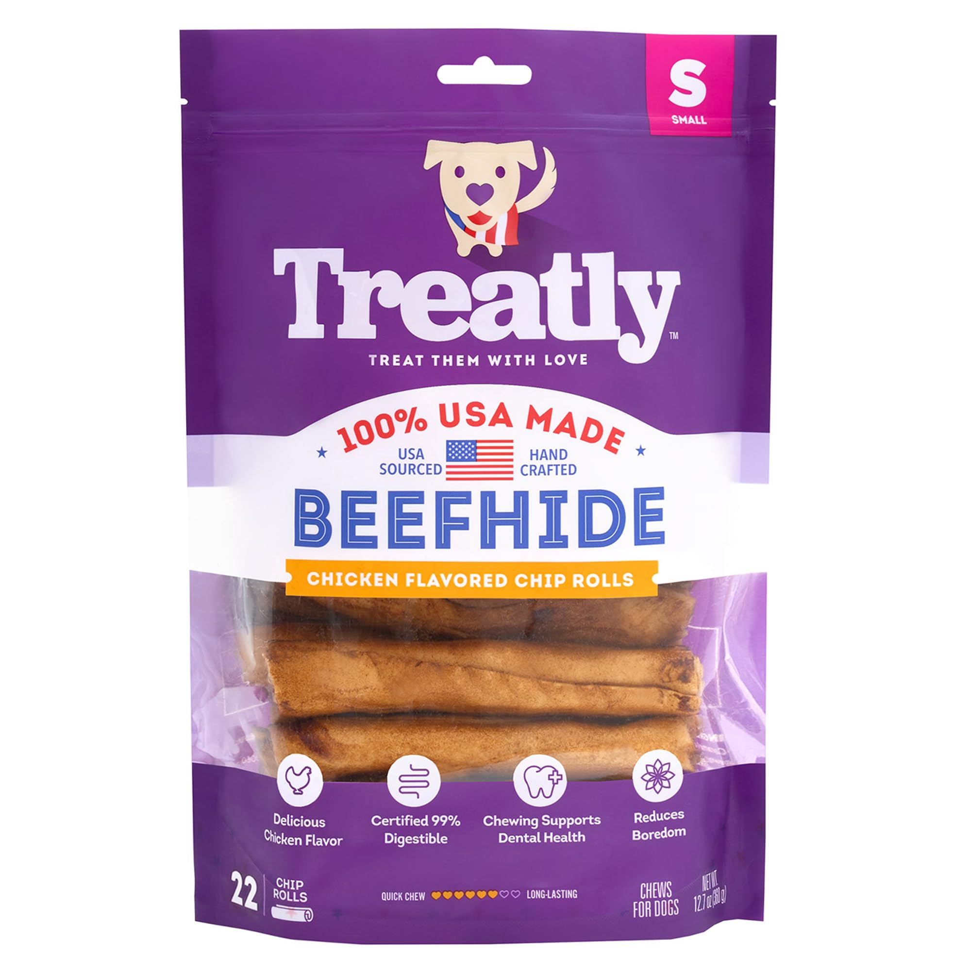 Treatly USA Beefhide Chip Rolls 5-6 Dog Chew Treats - Chicken Flavor, 22 Count/1 Pack