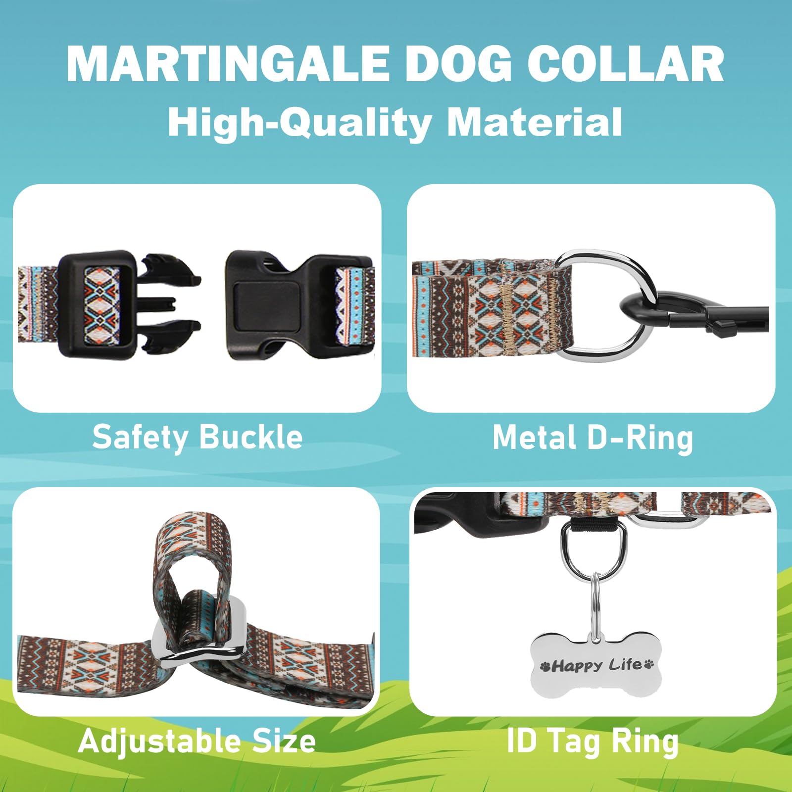 Fidohug Martingale Dog Collar With Buckle Tribal Design Adjustable Escape Proof Pet Collars (Aztec, Large)