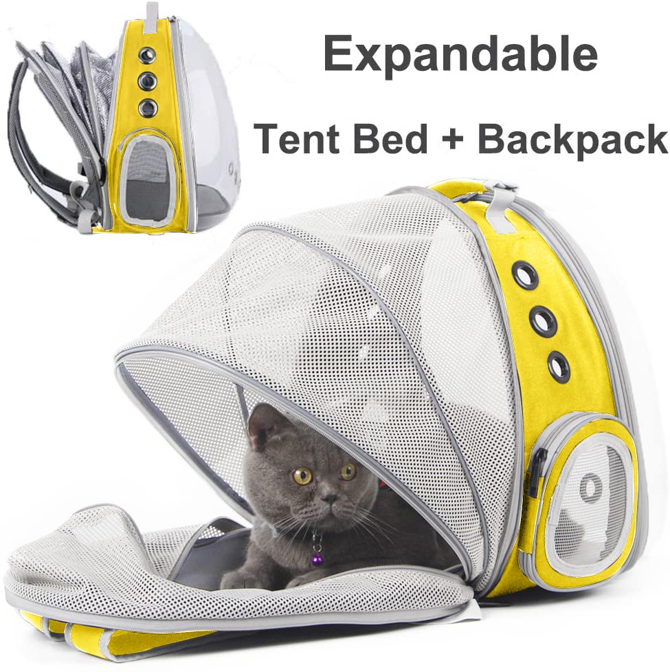 Expandable Cat Backpack Carrier, Fit Up To 20 Lbs, Space Capsule Astronaut Bubble Window Pet Backpack For Large Cat And Small Puppy (Yellow, Dual Extension)