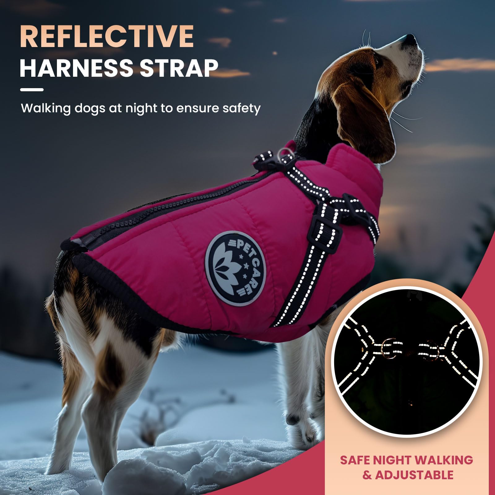 Petcare Winter Dog Coat - Built-In Harness, Waterproof, Warm Fleece Vest, Snowsuit, Reflective, Cold Weather Coats - Small To La