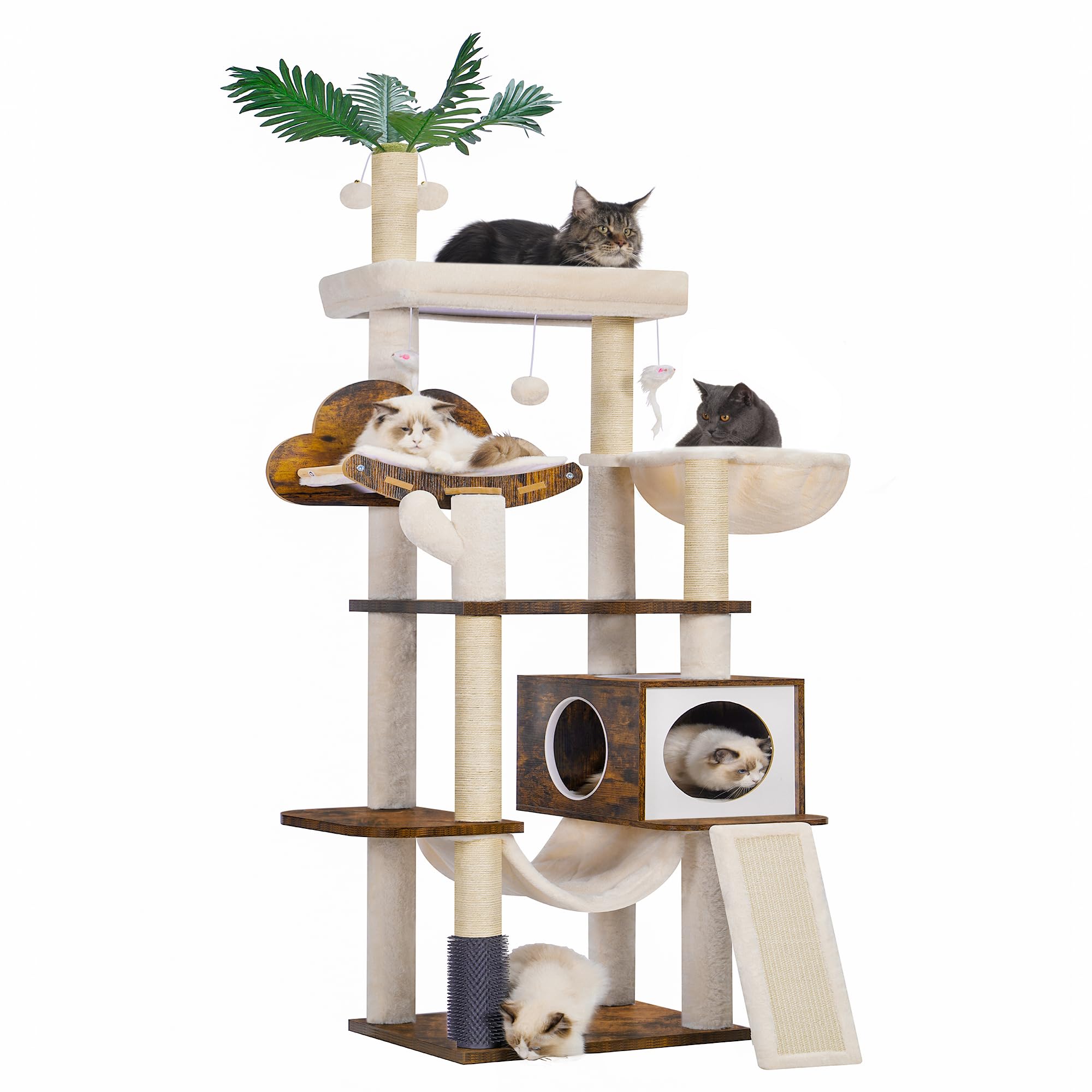 Hebly Wood Cat Tree For Indoor Cats, Cat Condo For Large Cats With Self Groomer,Modern Cat Scratching Tower With Basket,Hammock,