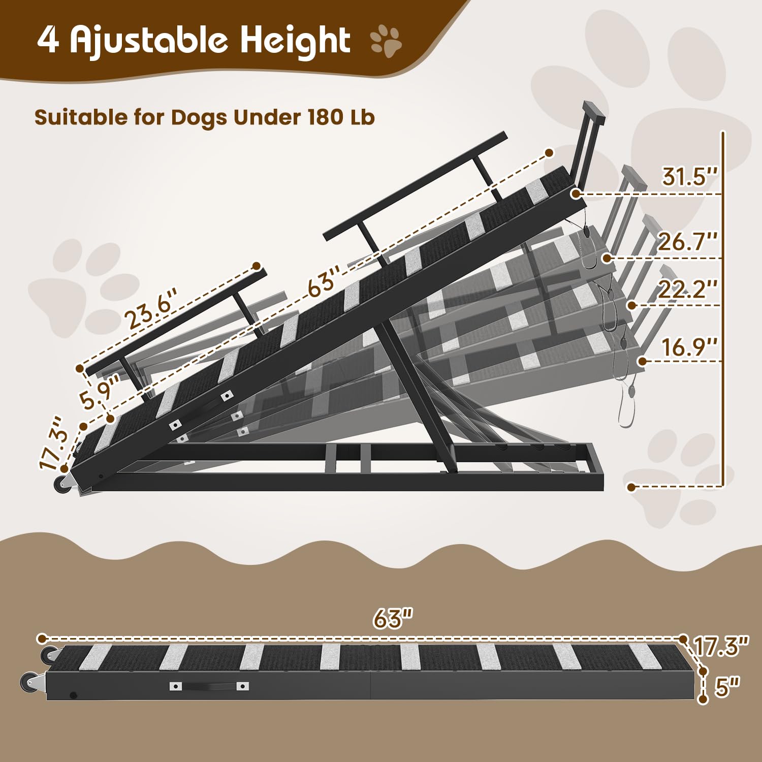 Dog Ramp For Bed, 63'' Pet Ramp For Adjustable Hight, Dog Ramps For Large Dogs With Anti-Slip Carpet And Safety Rails, Dog Car R