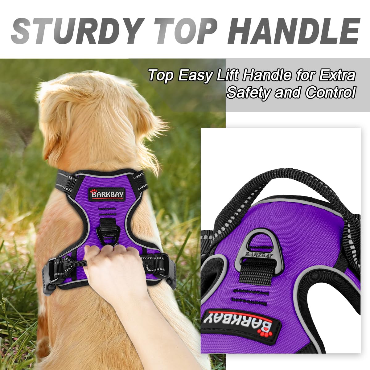 Barkbay No Pull Dog Harness Front Clip Heavy Duty Reflective Easy Control Handle For Large Dog Walking(Purple,L)