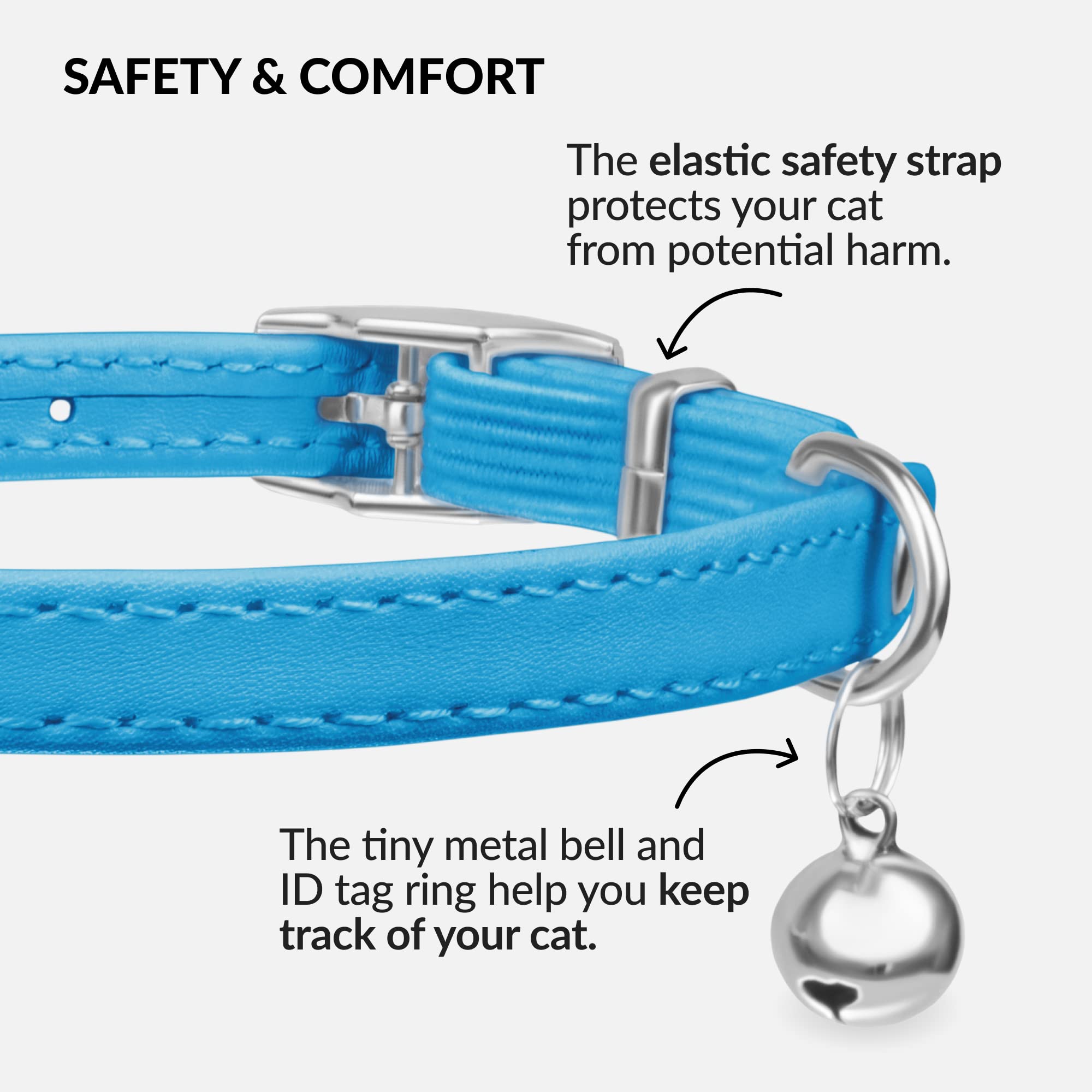 Collardirect Leather Cat Collar With Bell - Kitten Collar, Small And Big Cat Collar For Boy Cats, Girl Cats With Safety Elastic Strap (Neck Fit 8'-11', Light Blue)