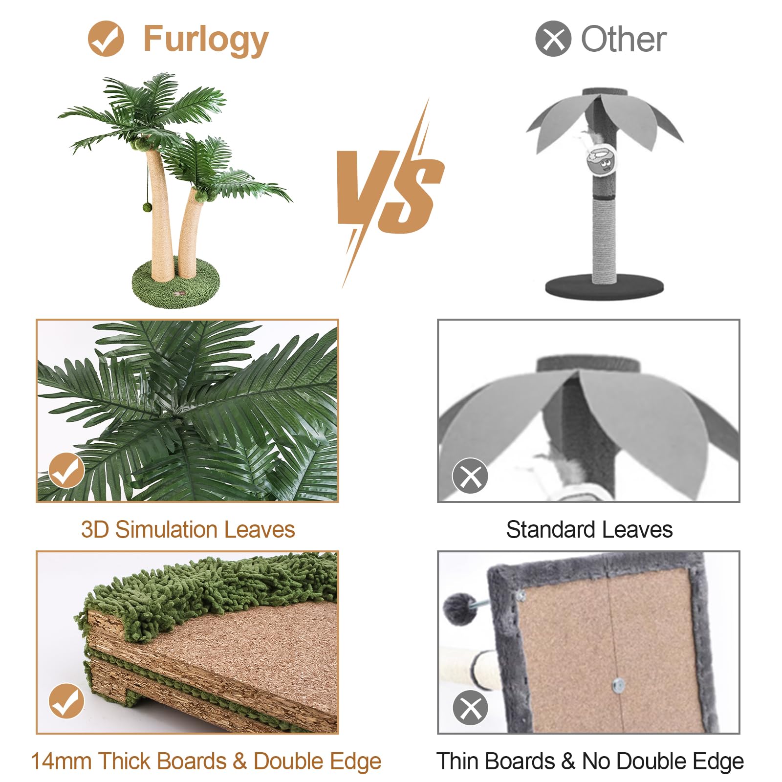 Furlogy 35 Tall Cat Scratching Post, 2 Curved Design Cat Scratcher Post with 5 Interactive Balls, Natural Sisal Rope Scratching