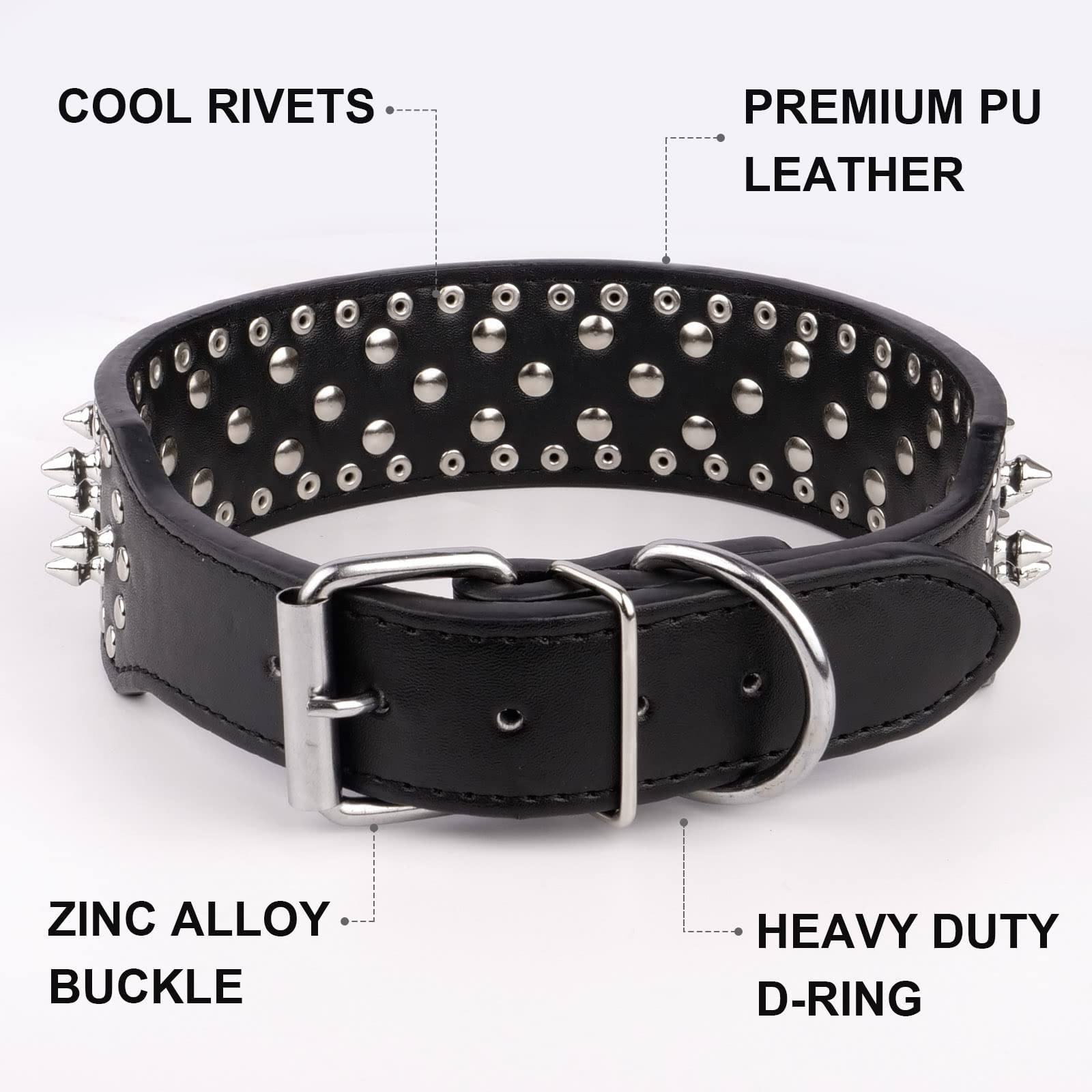 Epesiri Adjustable Wide Spiked Dog Collar, Mushroom Rivet Pu Leather Cat Dog Collars, Durable Spike Studded Pet Collar For Small Medium Large Breed, Pitbull Mastiff Bulldog Pugs Husky Rottweiler Black