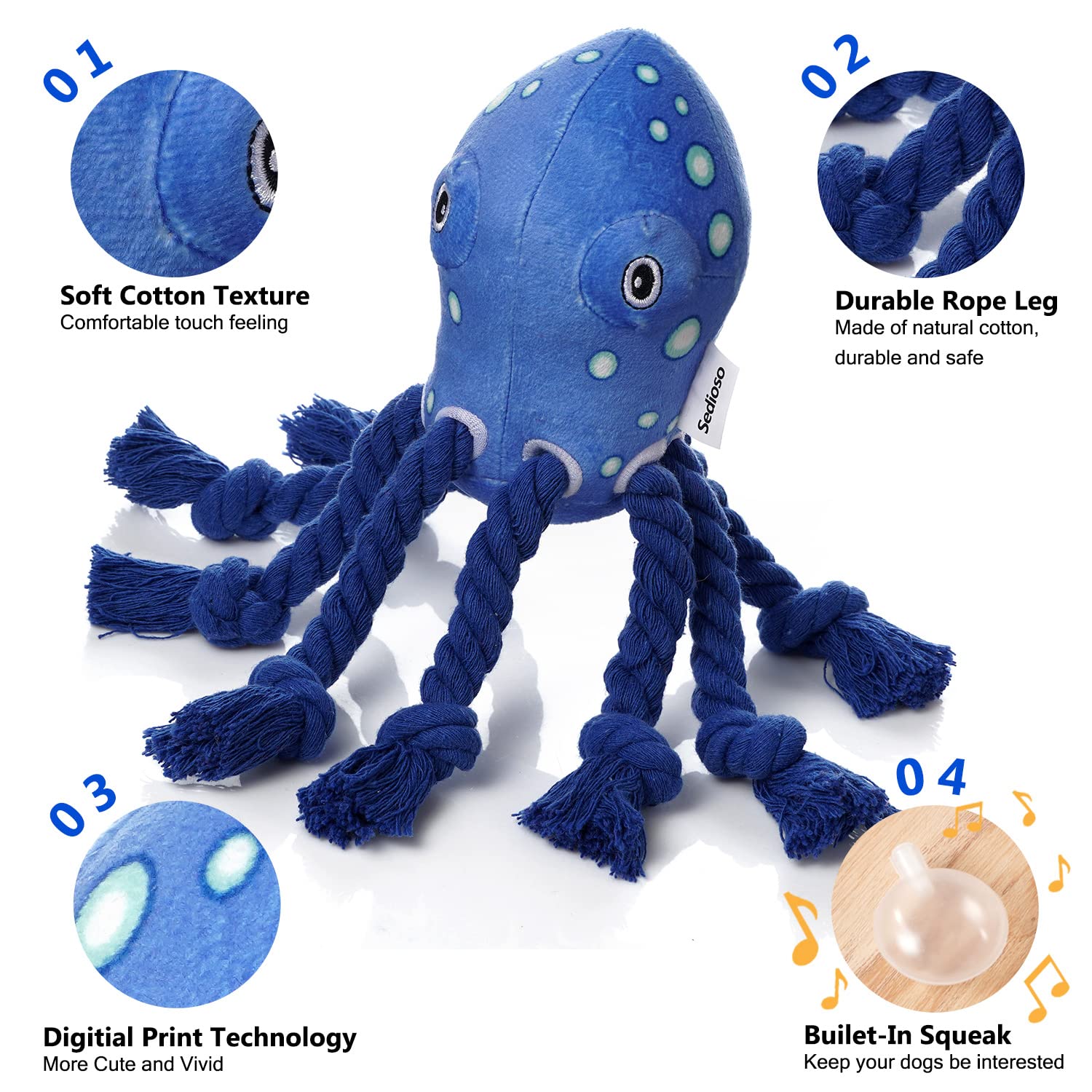 Sedioso Dog Toys, Dog Plush Toy For Large Breed, Cute Squeaky Dog Toys With Crinkle Paper, Dog Chew Toys For Puppy, Small, Middle, Big Dogs (Octopus)