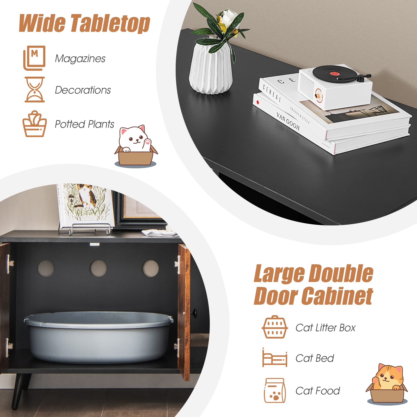 Petsite Litter Box Enclosure, Wooden Hidden Litter Box Furniture With Cabinet & Scratching Pad, Stackable Cat Washroom Pet House