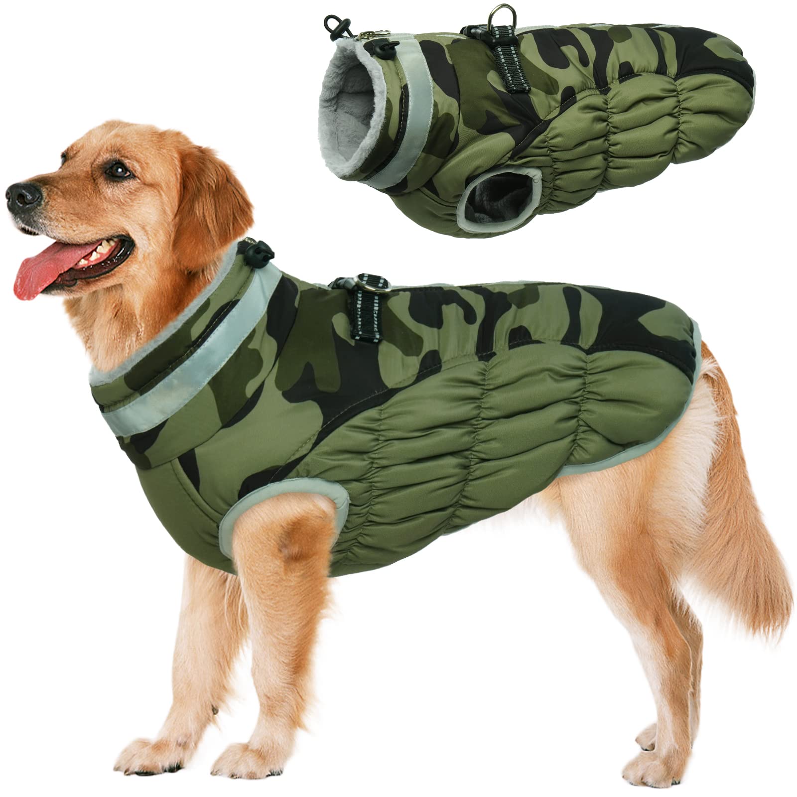 Lelepet Dog Coat, Windproof Camo Cold Weather Coat, Fleece Lined, Reflective, Adjustable, Turtleneck, Size S