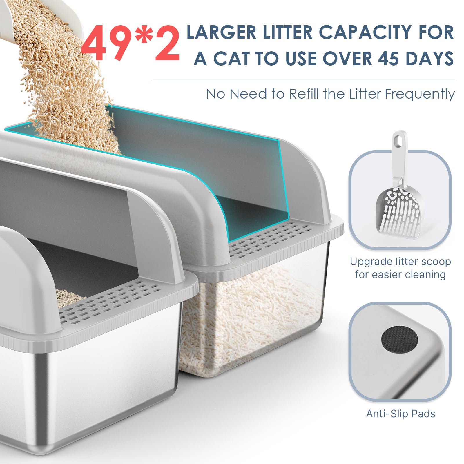 2 Pack 8'' Deep Stainless Steel Litter Box With Lid, Extra Large & Deep Stainless Steel Cat Litter Box For Multipul Cats, Metal