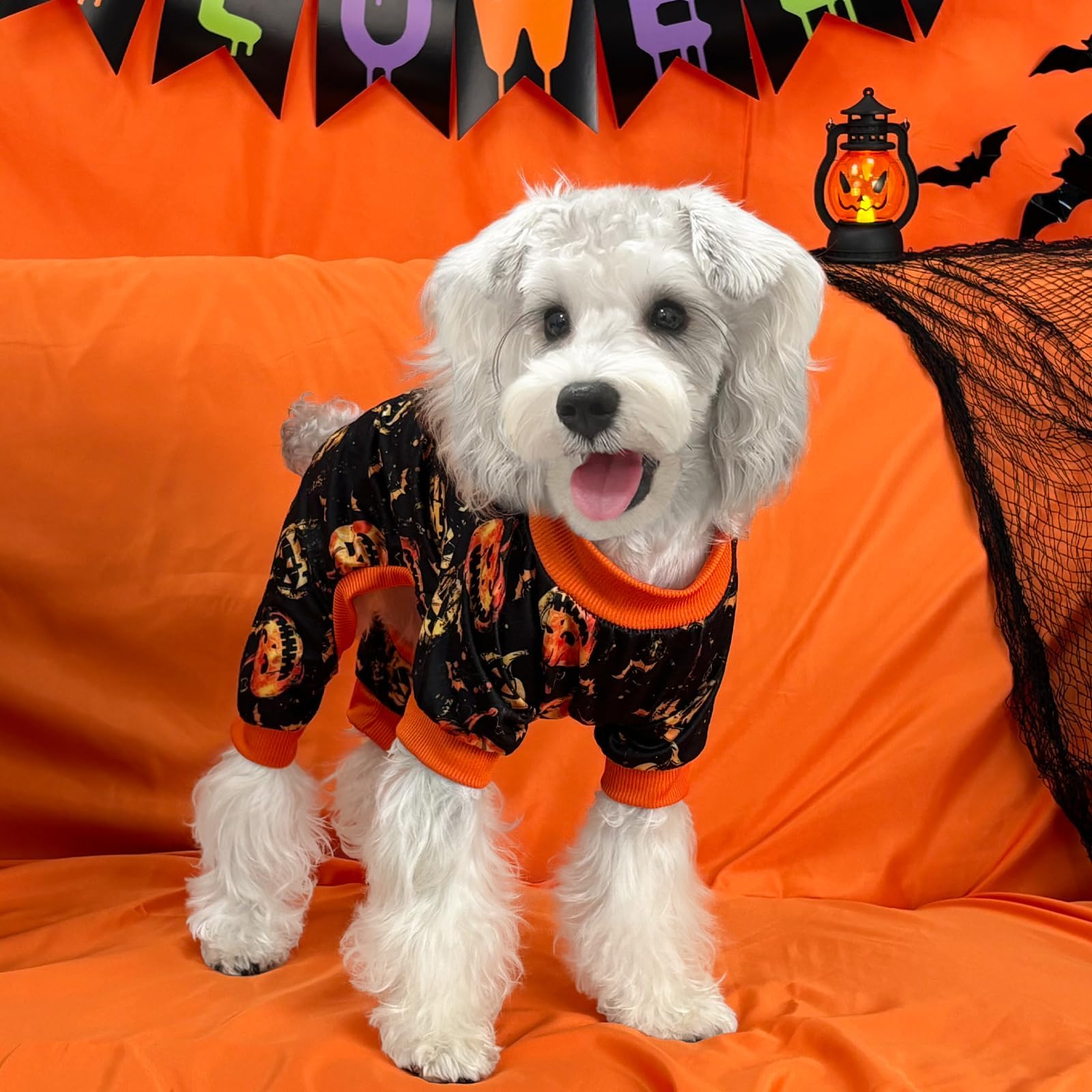 Xpudac Halloween Dog Pajamas Costume For Small Medium Dogs Pumpkin Clothes Soft Puppy Pjs Pet Outfit, Small