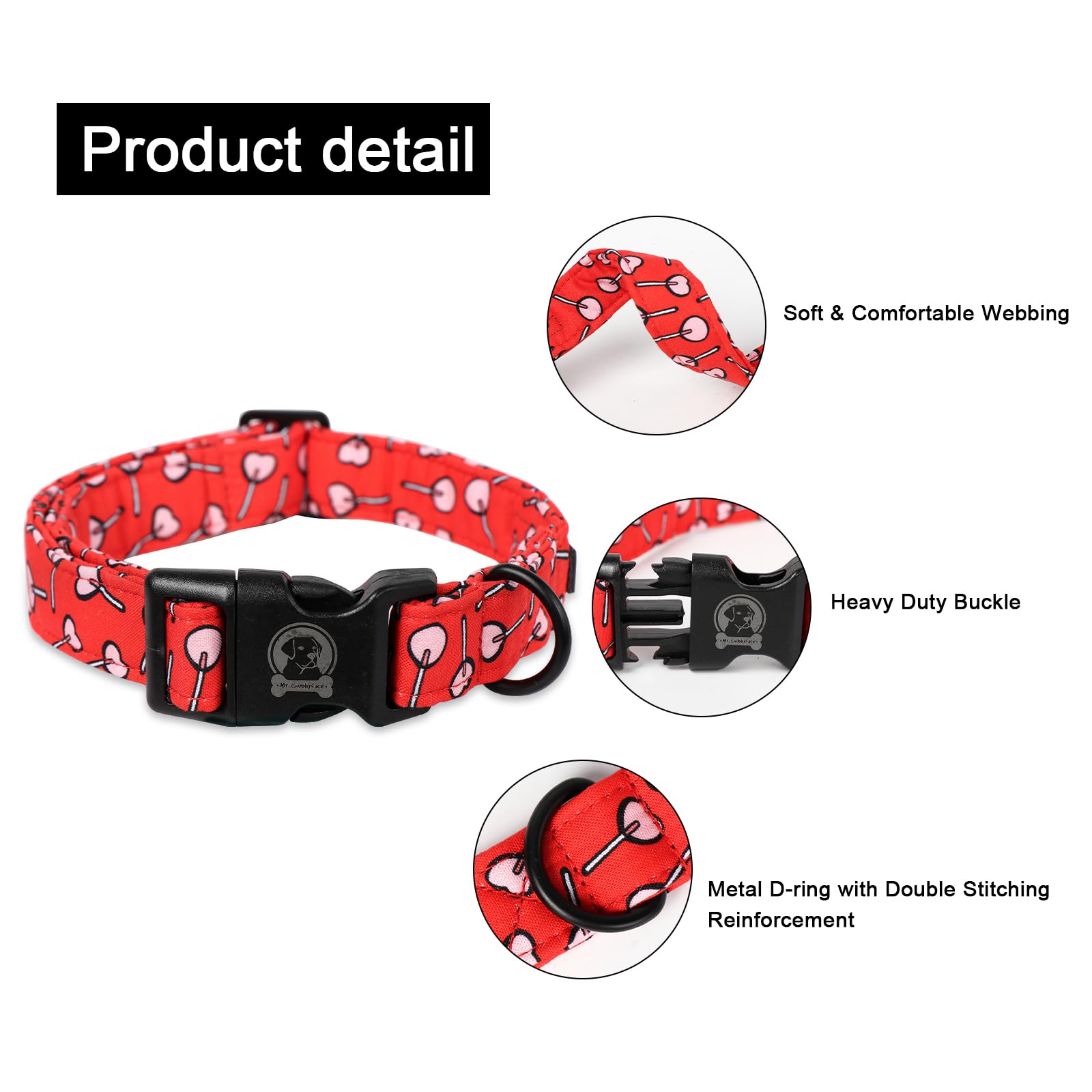 Mr. Chubbyface Valentines Dog Collar,Red Love Heart Cotton Puppy Collar, Adjustable Valentine Girl Female Male Pet Collars With