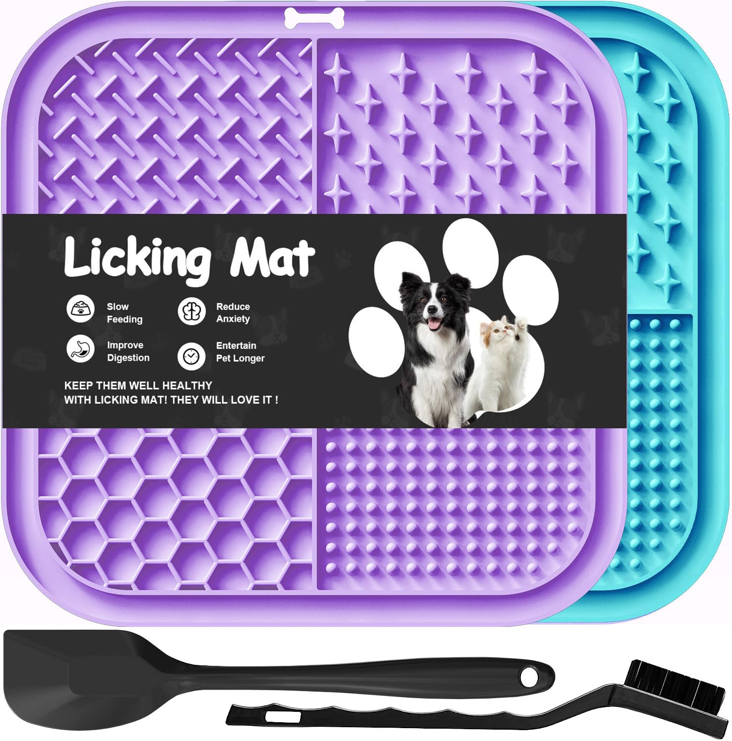 Azyh 2 Pcs Licking Mat For Dogs & Cats With Suction Cups, Dog Slow Feeder Lick Pat For Anxiety Relief, Dog Toys Feeding Mat For 