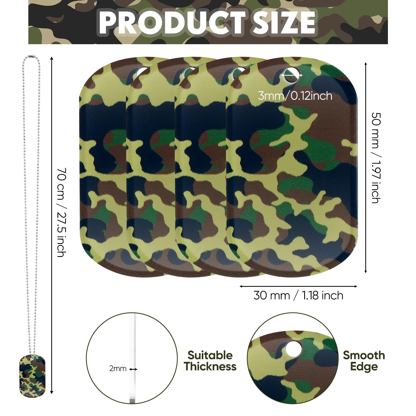 Wonderjune 30 Pack Acrylic Military Dog Tags Army Camouflage Party Decorations With 30 Pcs 70Cm Long Beaded Chains For Soldier M