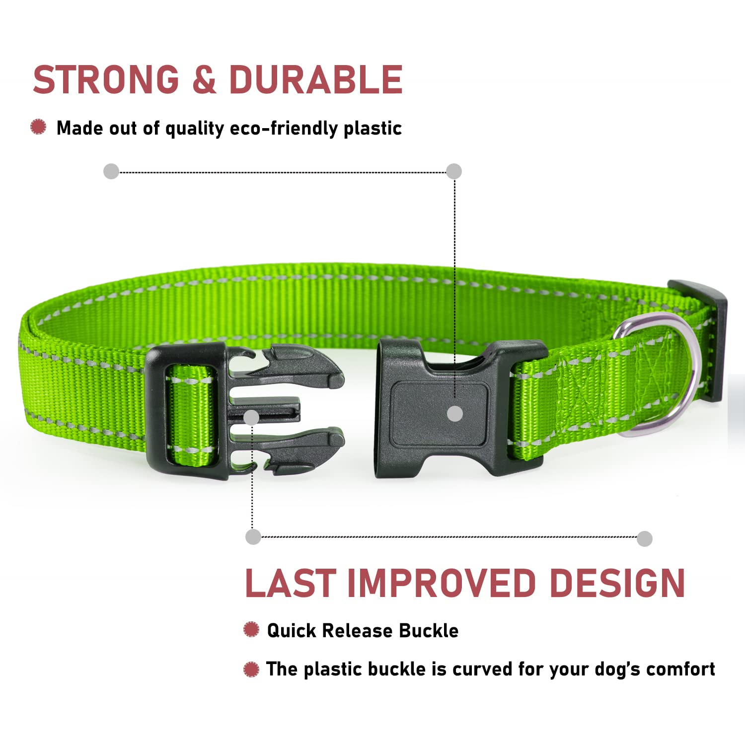 Reflective Dog Collar With Buckle Adjustable Safety Nylon Collars For Small Medium Large Dogs, Grass Green S