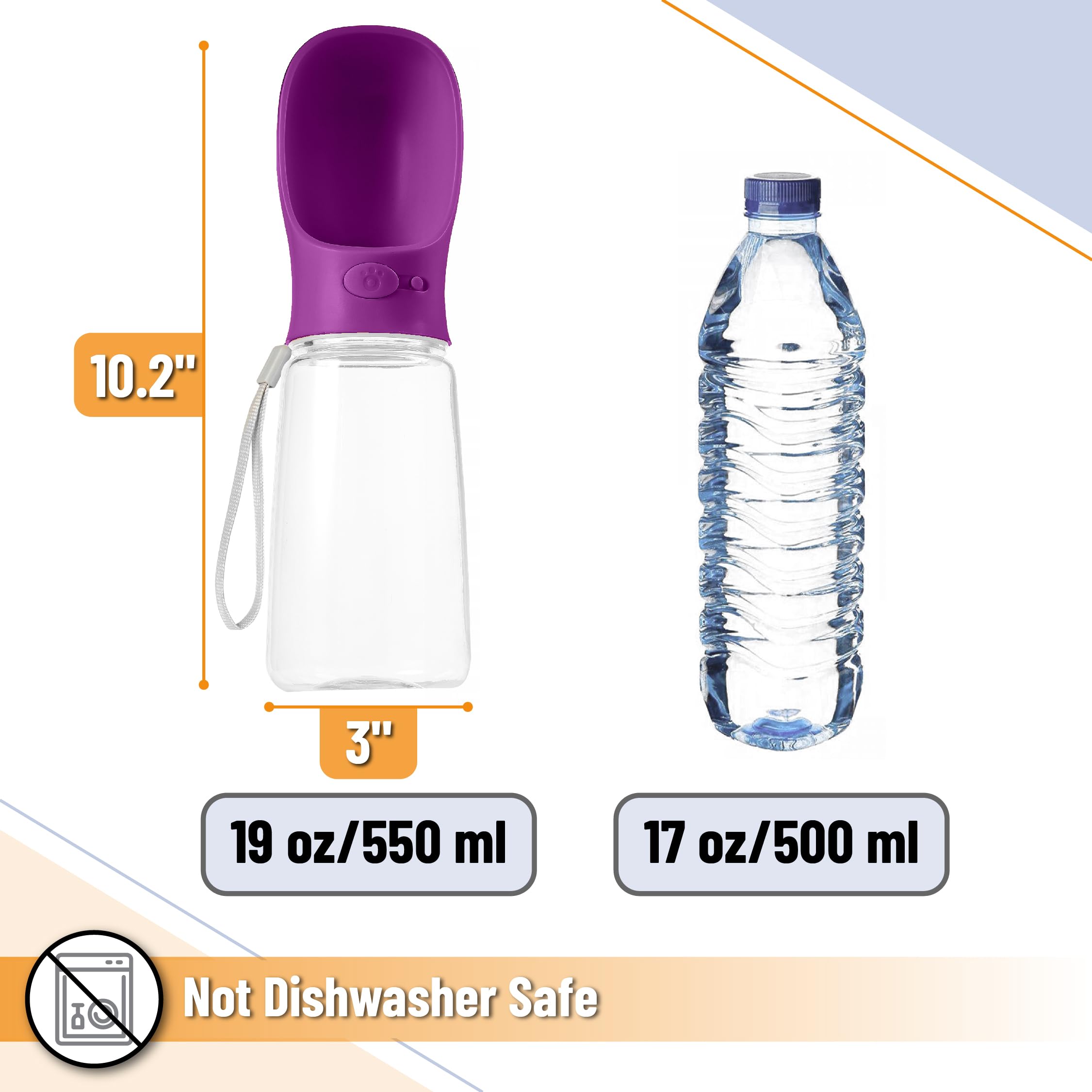 Mr. Pen- Dog Water Bottle, 19 oz, Large, Purple, Portable Dog Water Bottle Dispenser, Dog Travel Water Bottle, Travel Dog Water