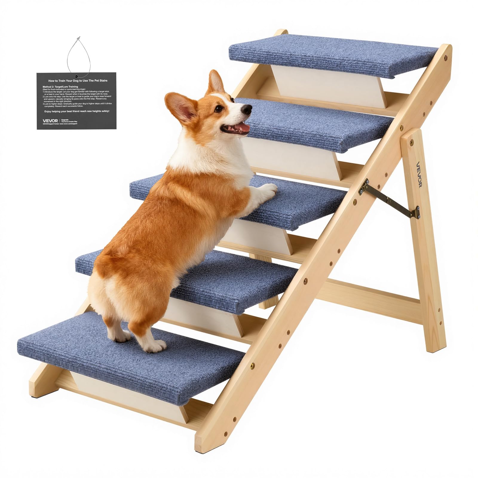 VEVOR Wood Pet Stairs, 5-Step Dog Stairs for Beds, Sofa & Cars, 150lbs Load Capacity, Floded Flat Design, Stable & Sturdy Cat & 