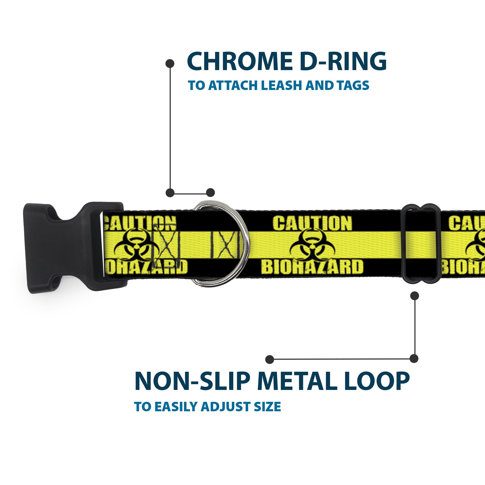 Buckle-Down 8-12' Caution Biohazard Black/Yellow Plastic Clip Collar, Narrow Medium