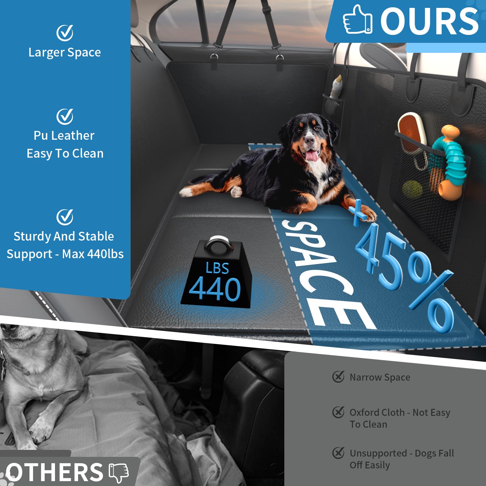 Nidouillet Back Seat Extender For Dogs - Pu Leather Dog Car Seat Cover For Back Seat Anti-Scratch Hard Bottom Max 440Lbs, Waterp