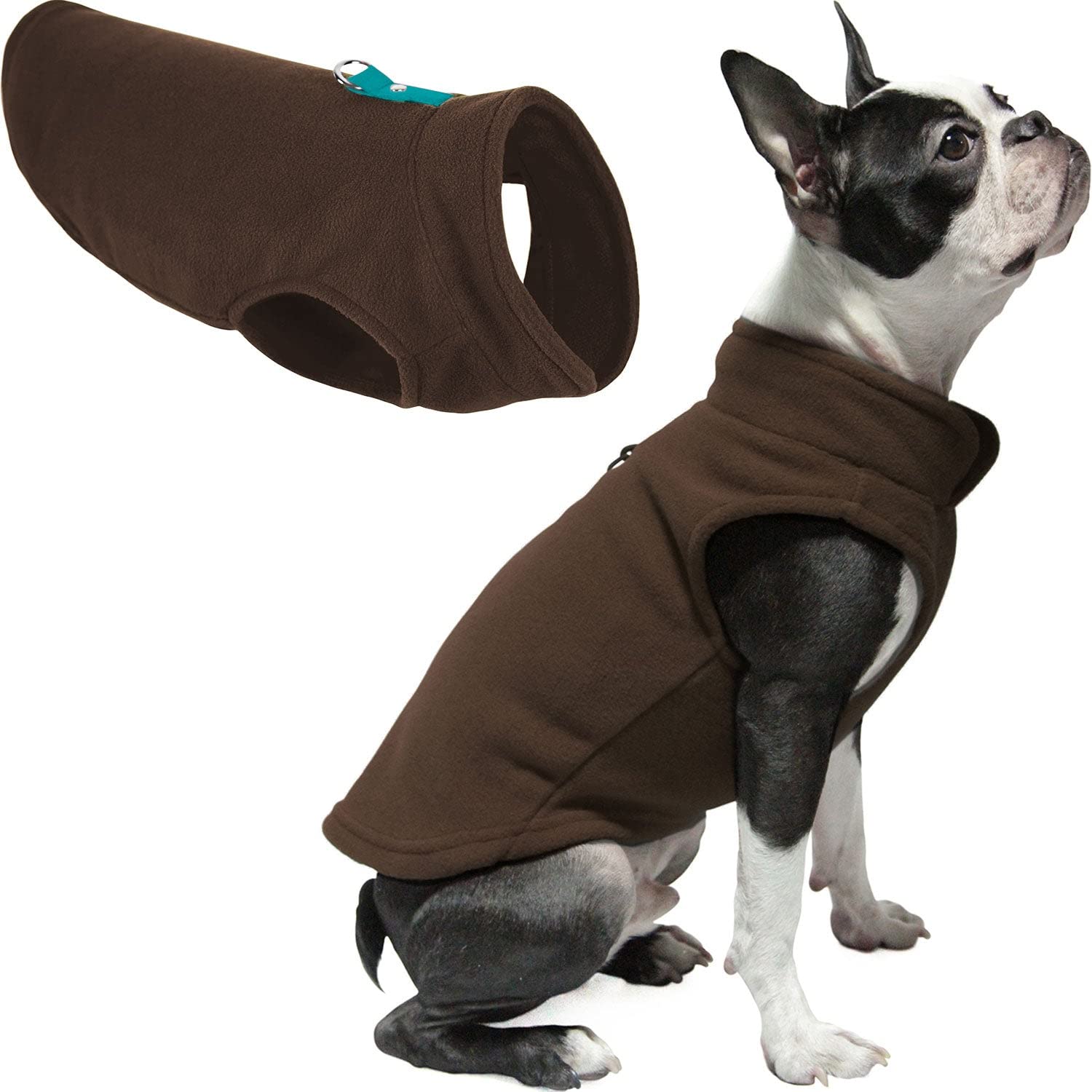 Gooby Fleece Vest Sweater - Brown-Turquoise, Medium - Warm Pullover Jacket With O-Ring Leash - Winter Small Dog Coat - Cold Weat