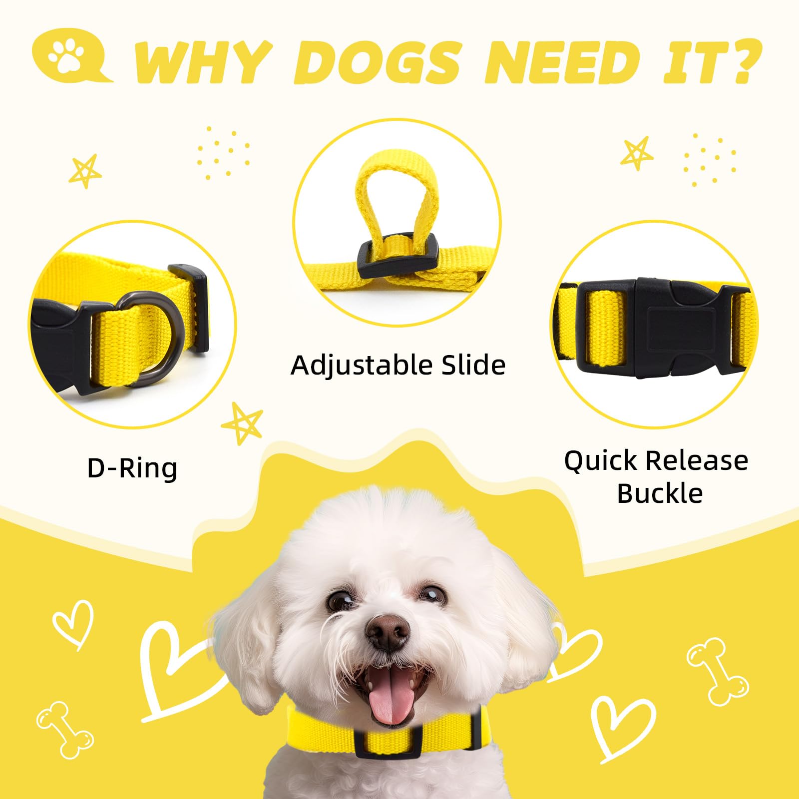 Yellow Dog Collar For Small Dogs, Breathable, Anti-Odor & Soft, Comfortable For Sensitive Skin Puppies, 90% Bamboo Rayon, Adjust
