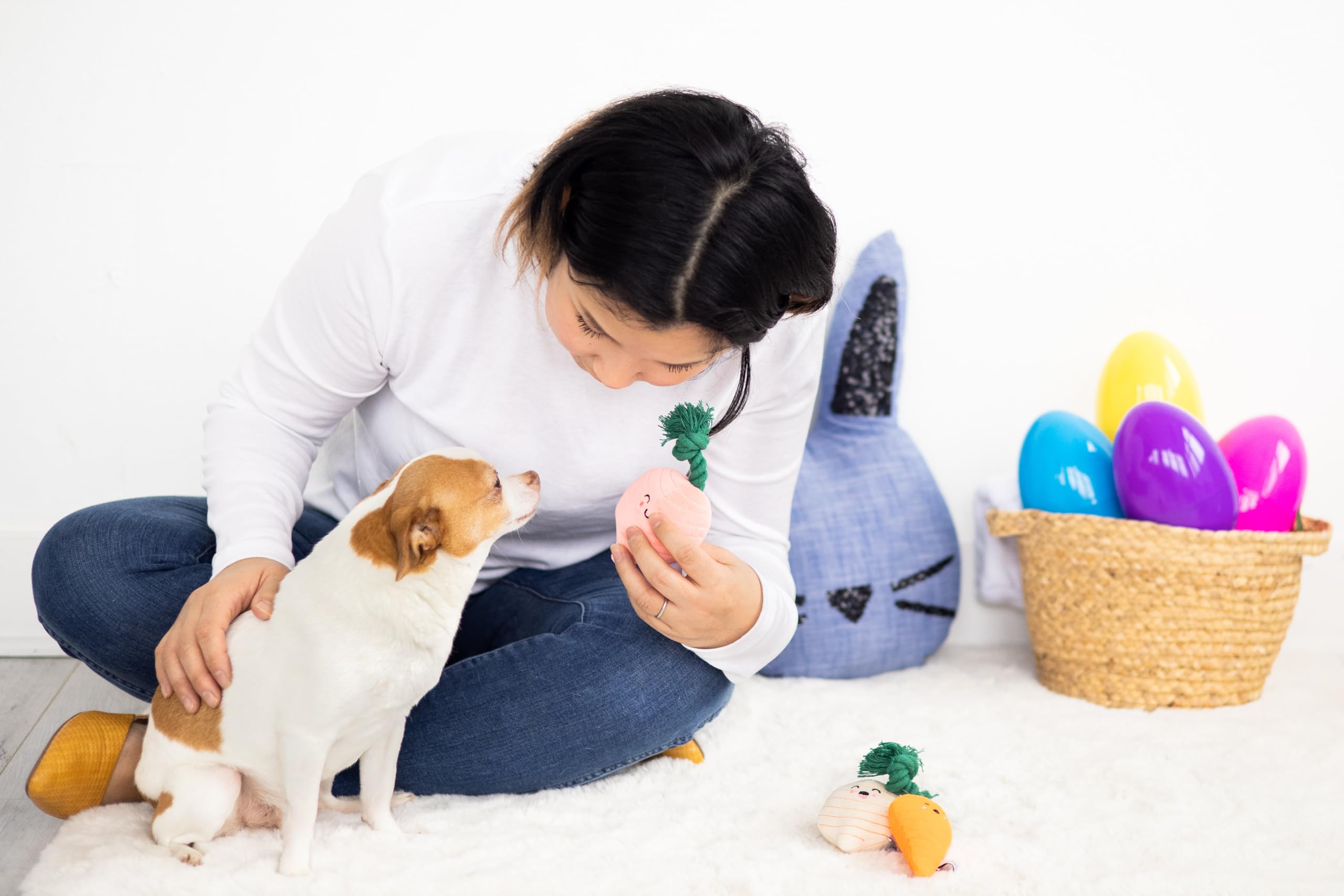 Pearhead Spring Garden Veggies Dog Toys, Radish, Carrot and Turnip Squeaky Rope Toys, Gift for Pet Parents, Vegetable Plush Dog