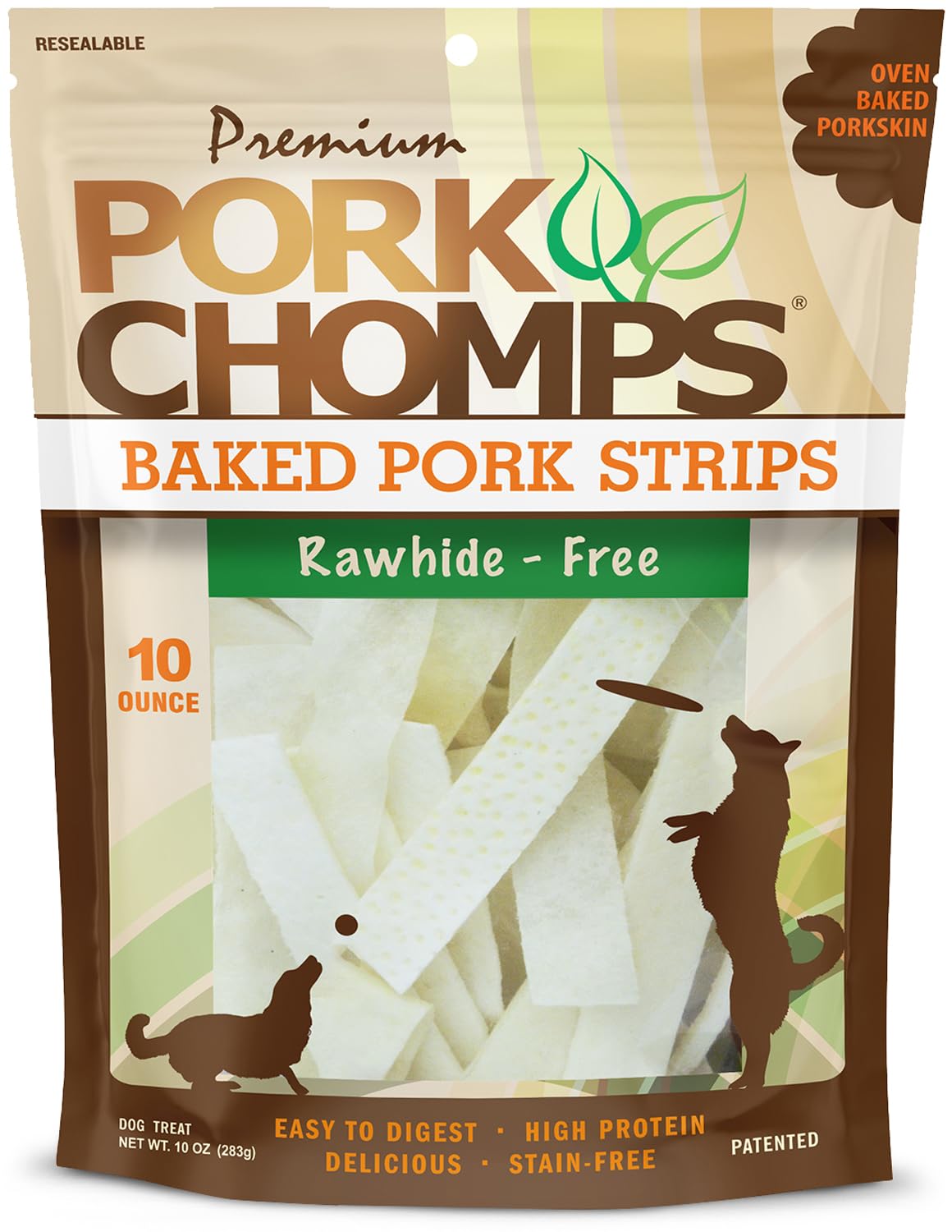 Pork Chomps Baked Pork Skin Dog Chews, 4-Inch Strips, 10Oz Bag